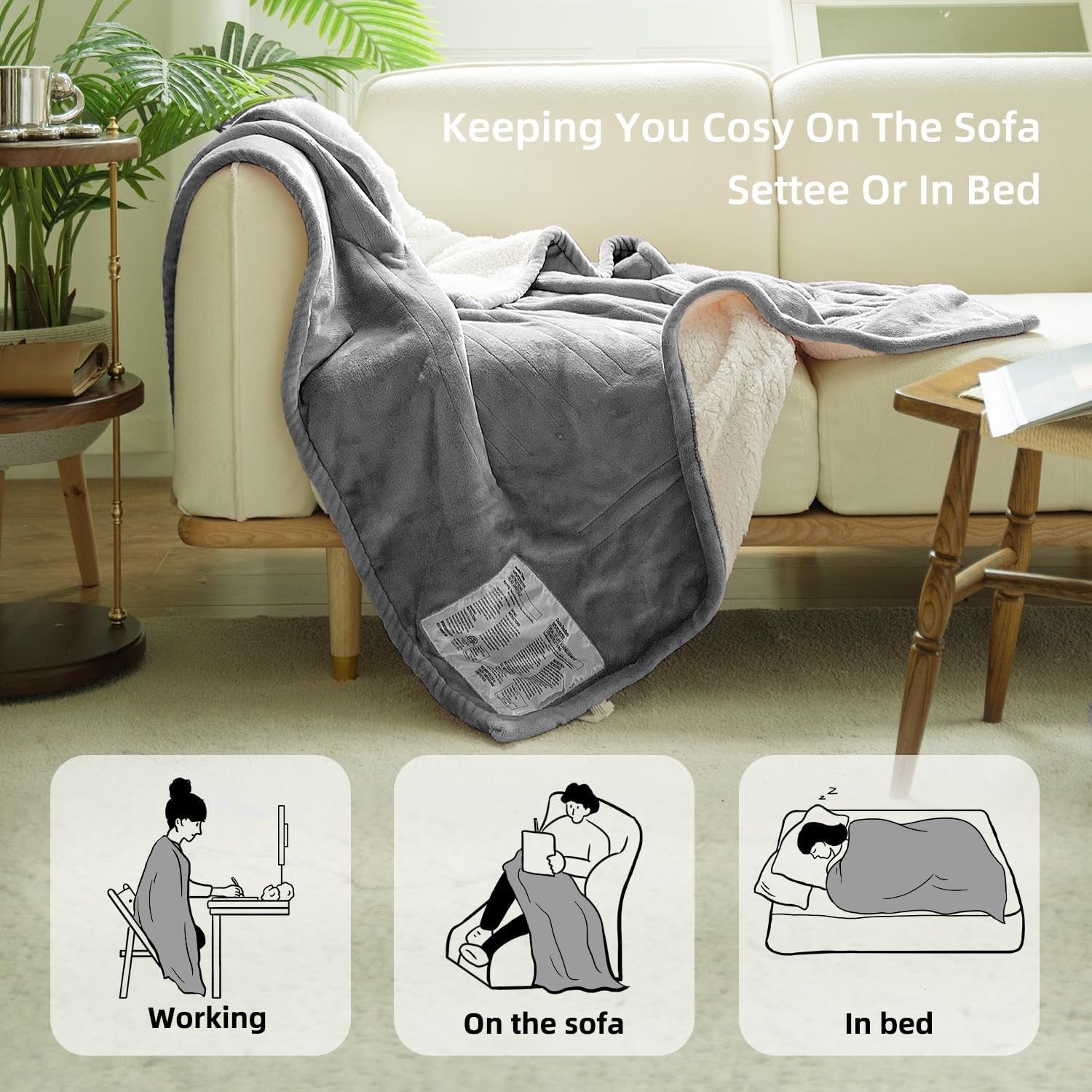 Electric Heated Throw Blanket 130x160cm Plush 6 Heat Auto Off Washable