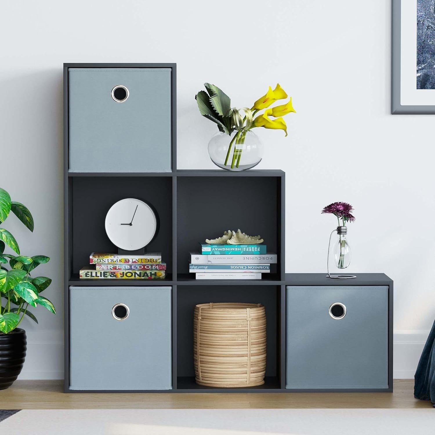 Black 6 Cube Staircase Shelf Unit with 3 Grey Storage Baskets – Modern Display