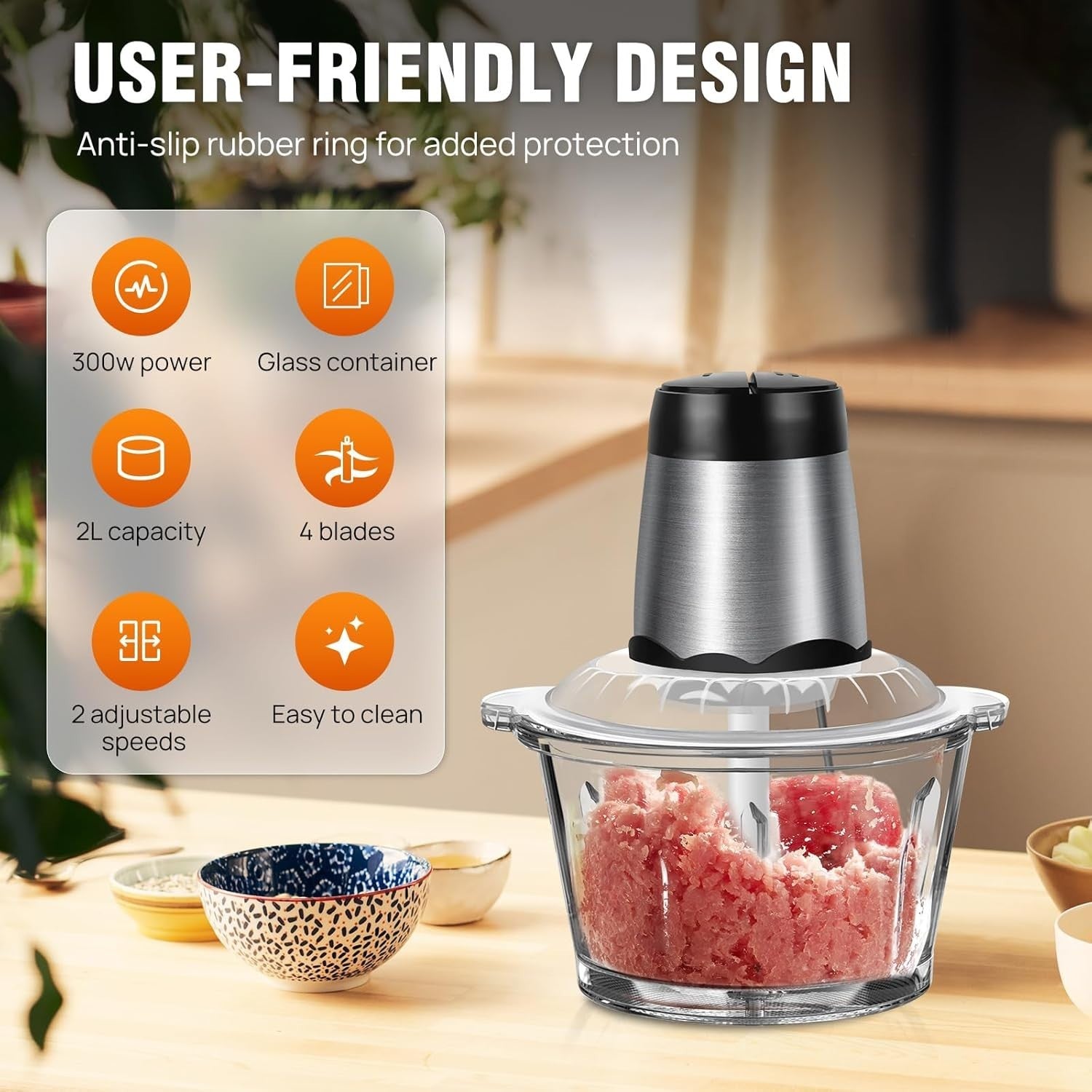 2L Electric Food Chopper Meat Grinder Glass Bowl 300W 2 Speed