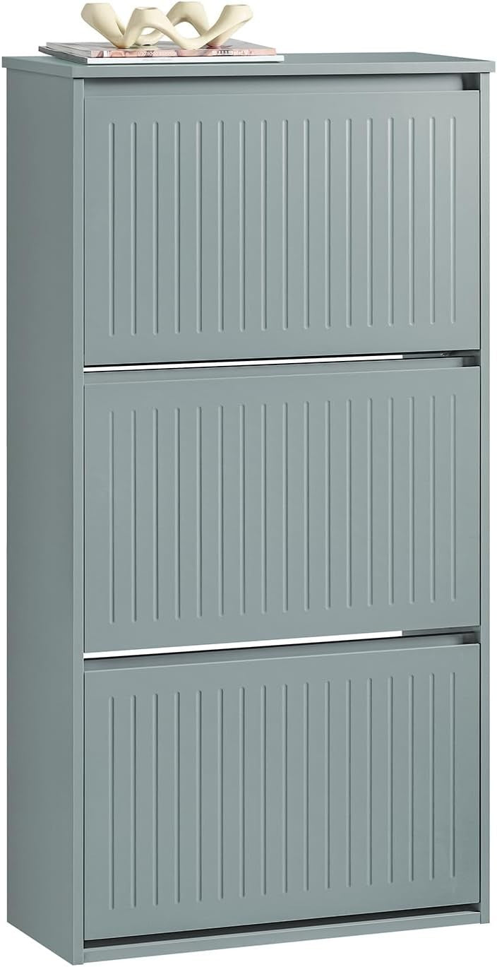 Tall Slim Shoe Cabinet with 3 Flip Drawers – Grey Hallway Storage Unit