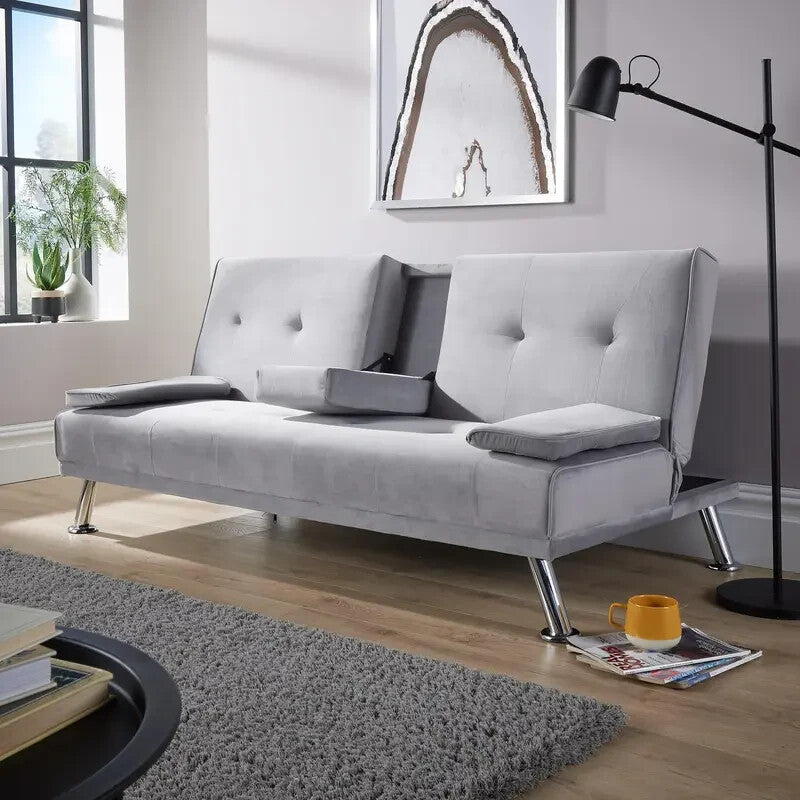 Grey Velvet Sofa Bed 3 Seater Fold Out Couch w/ Cup Holders & Armrests