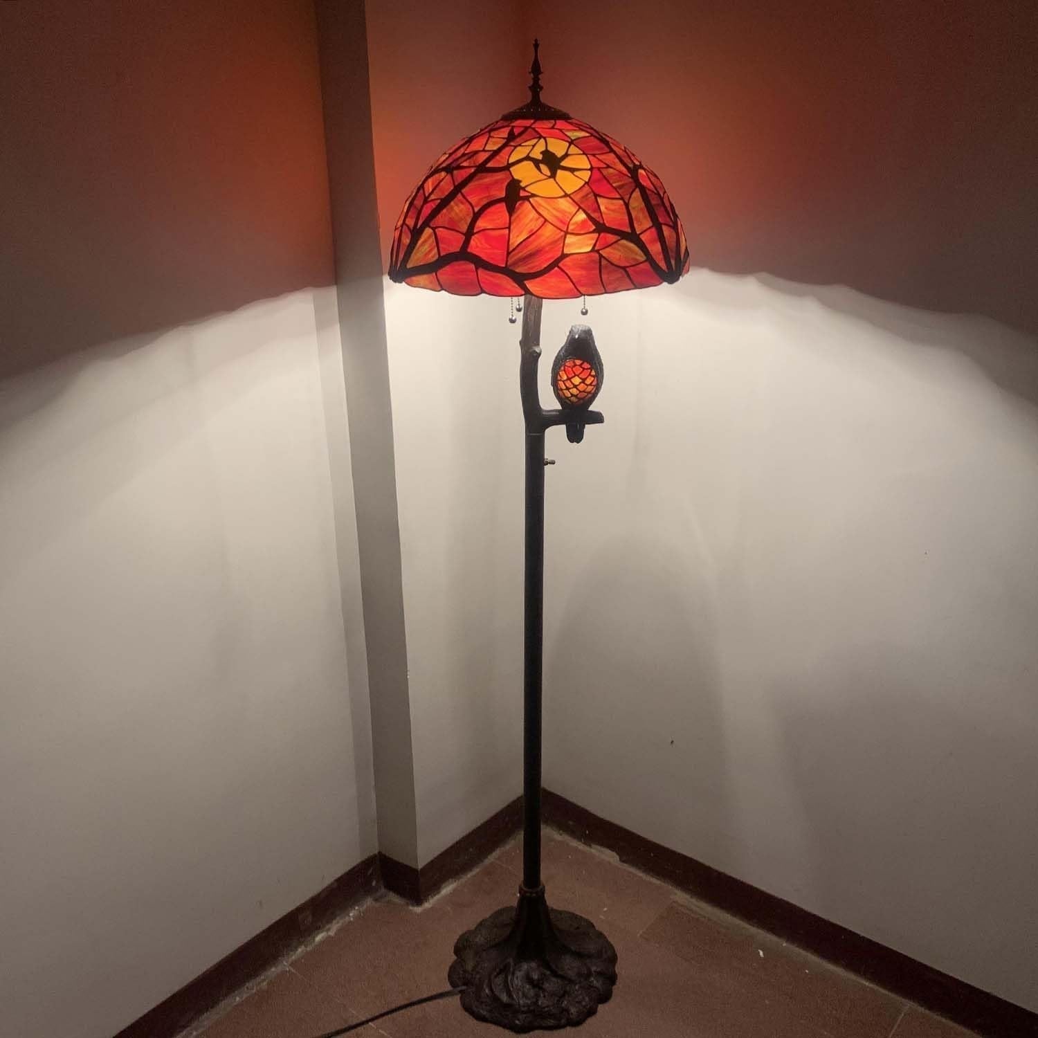 Full Moon Raven Stained Glass Floor Lamp, 65” Tall, 4-Light Halloween Decor
