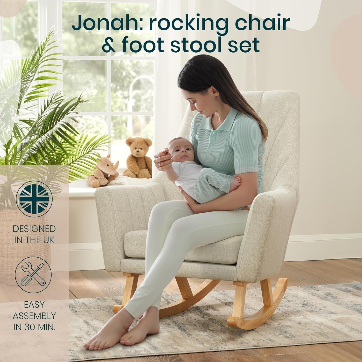 Nursery Rocking Chair with Footstool, Soft Grey Fabric, Ergonomic, 93x76cm