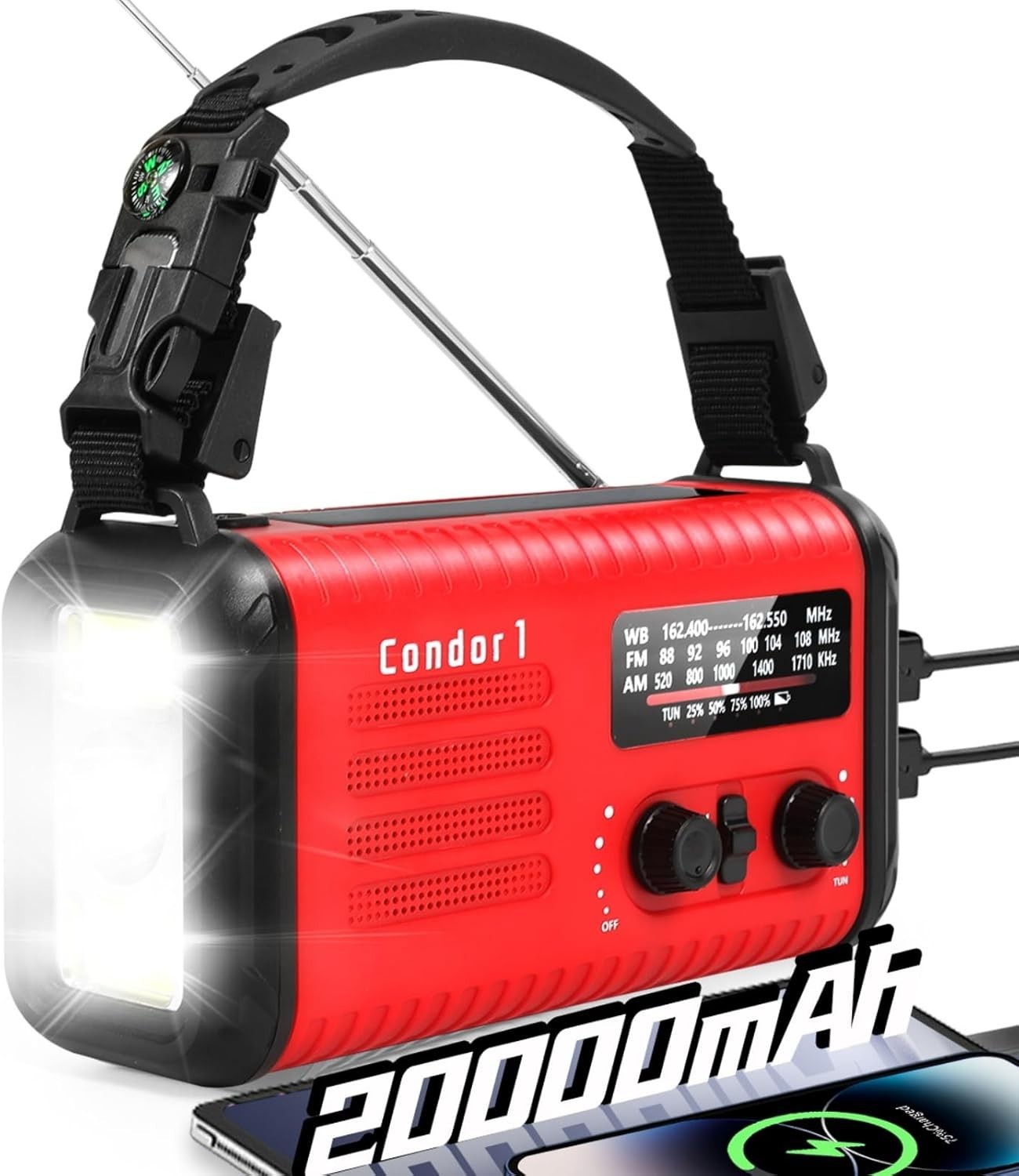 Wind Up Red Solar Emergency Radio with 20000mAh Battery, AM/FM & Flashlight