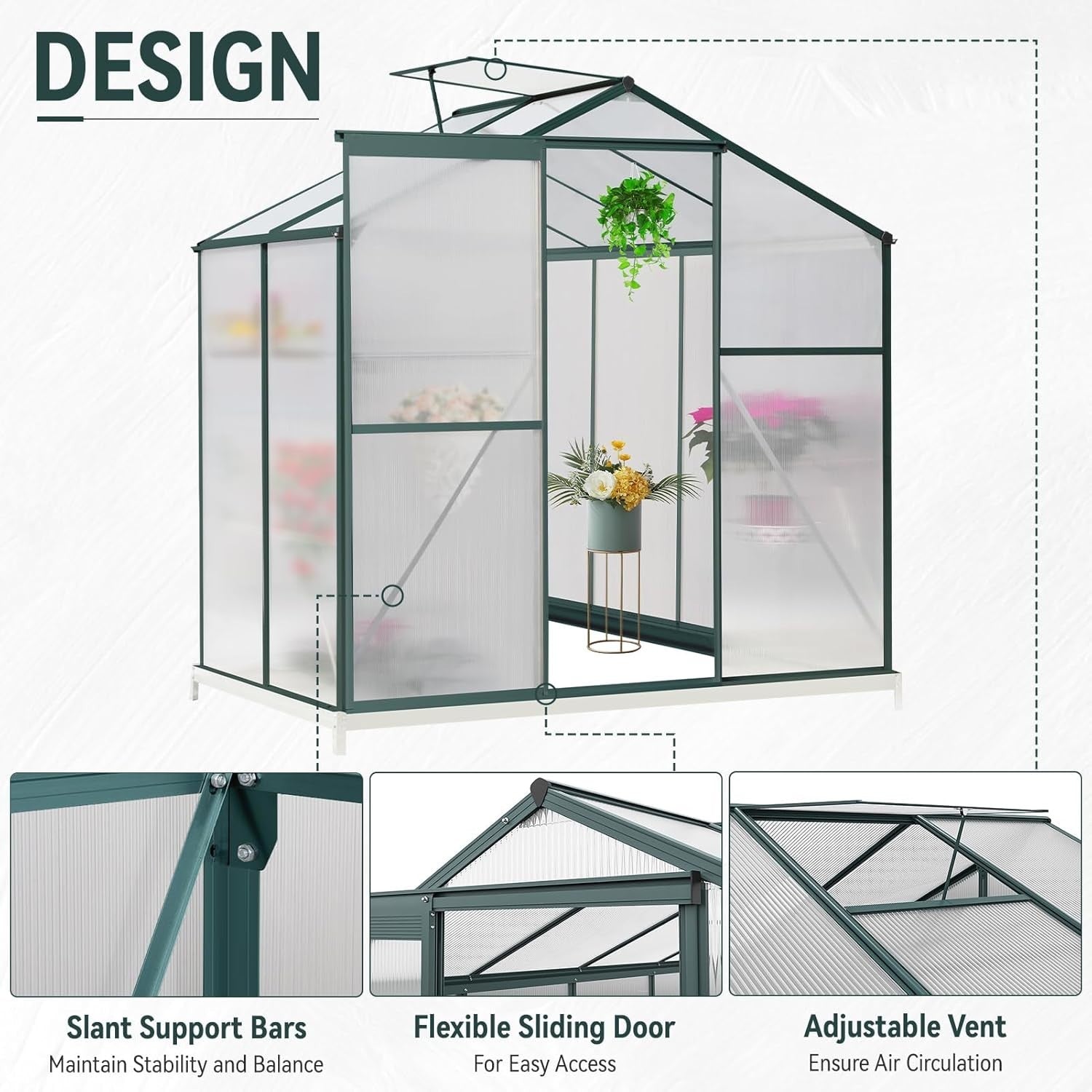 4x6FT Polycarbonate Walk-In Greenhouse with Base – Heavy Duty Aluminium Frame