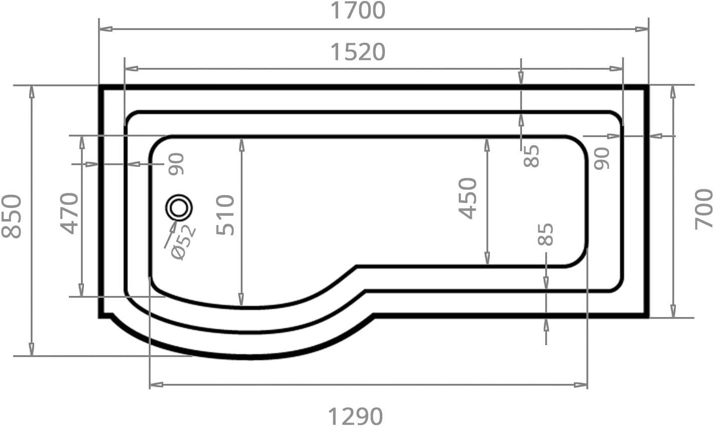 1700x850mm Right Hand P-Shaped Acrylic Shower Bath Gloss White No Panel