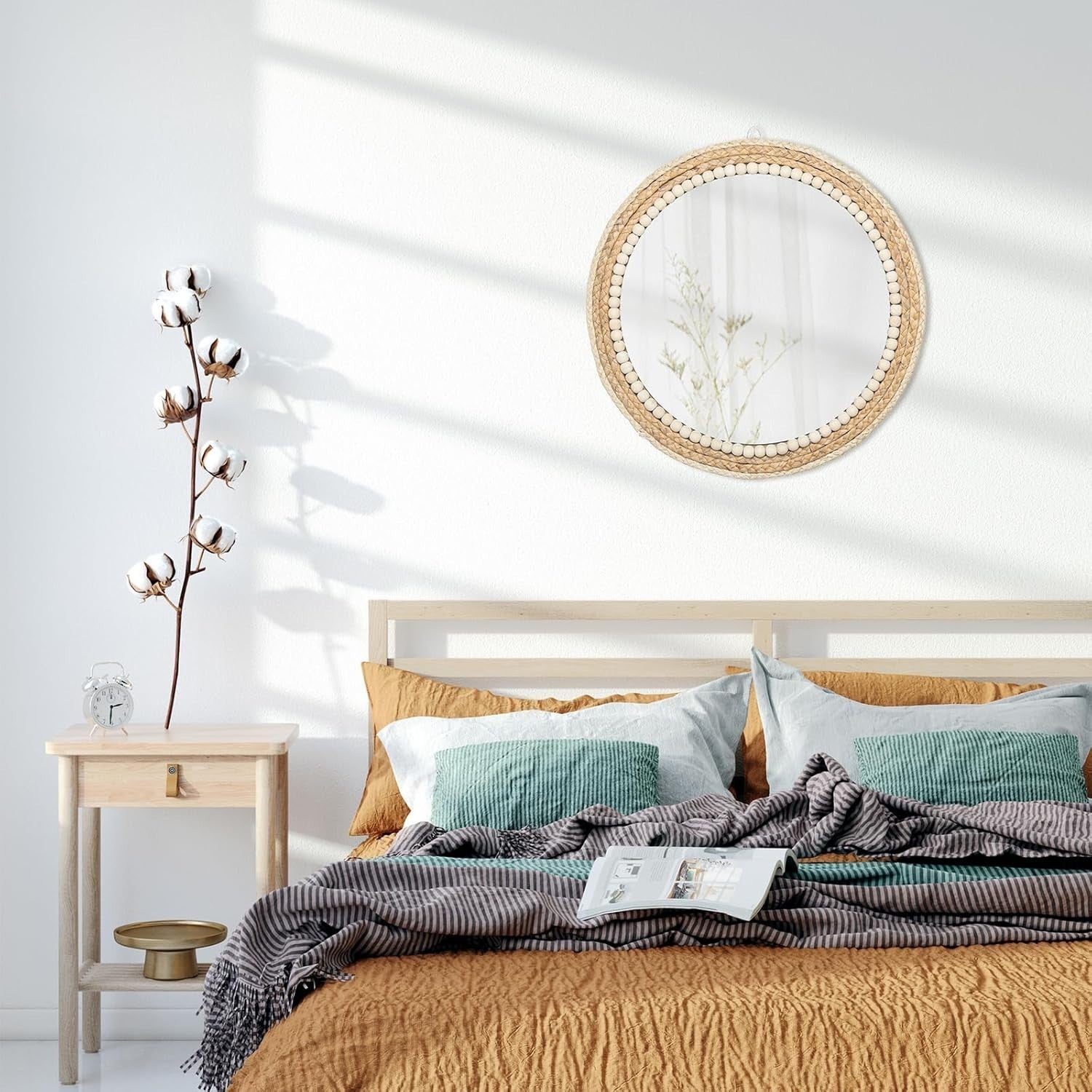 Boho Round Rattan Wall Mirror 45cm Hanging Farmhouse Decor