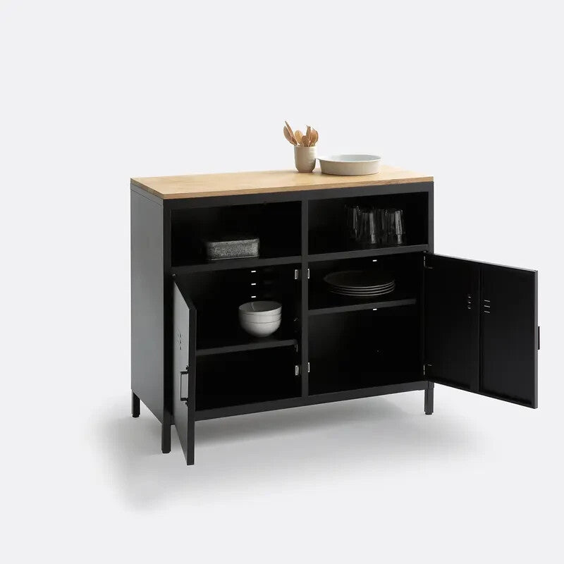 Industrial Black Metal Sideboard 2-Door Oak Top Storage Cabinet 100 cm