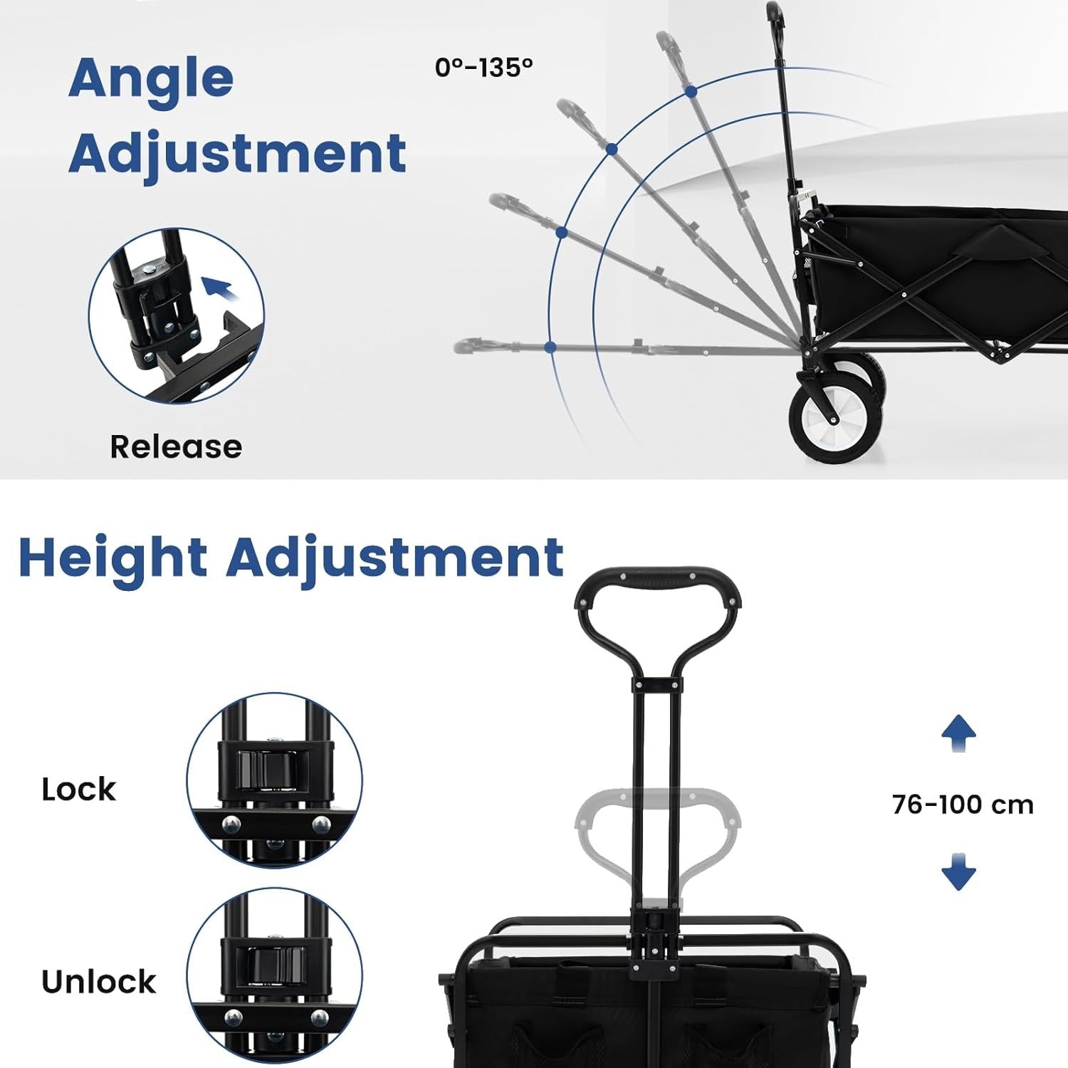 Black Folding Trolley Cart Collapsible Garden Wagon w/ Adjustable Handle & Bag