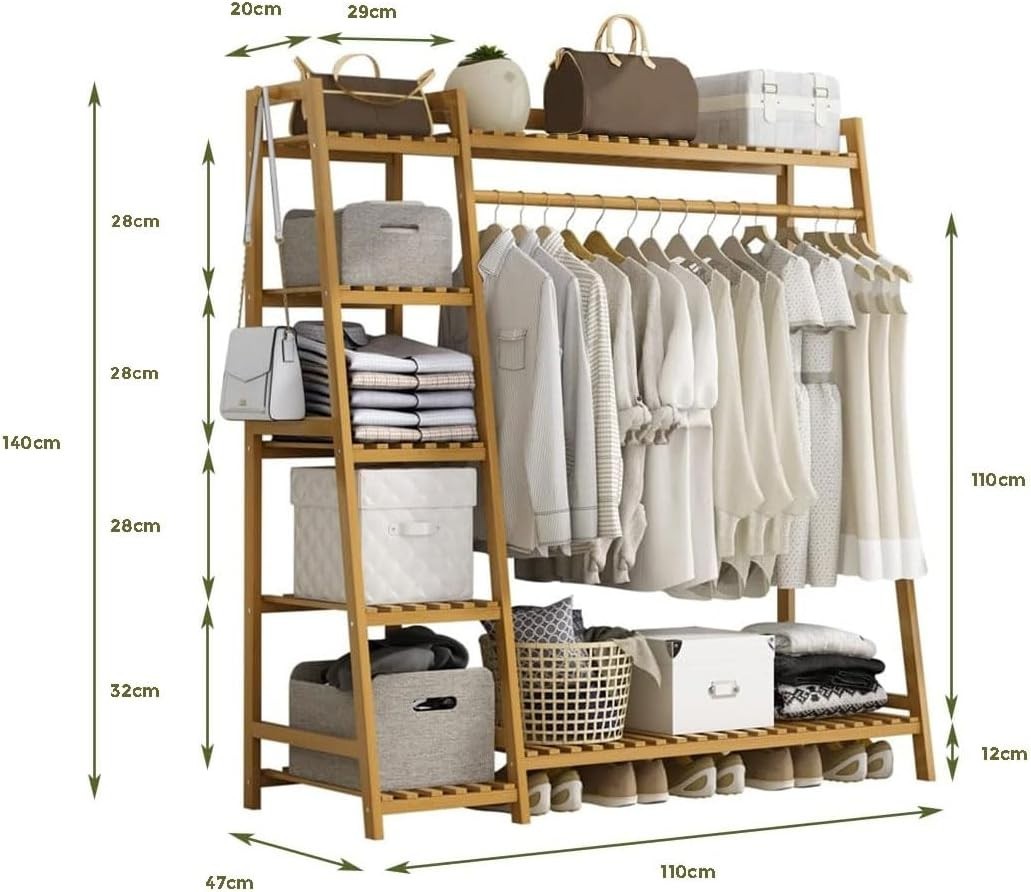 Natural Bamboo Clothes Rack with Shelves & Side Hooks – Wood