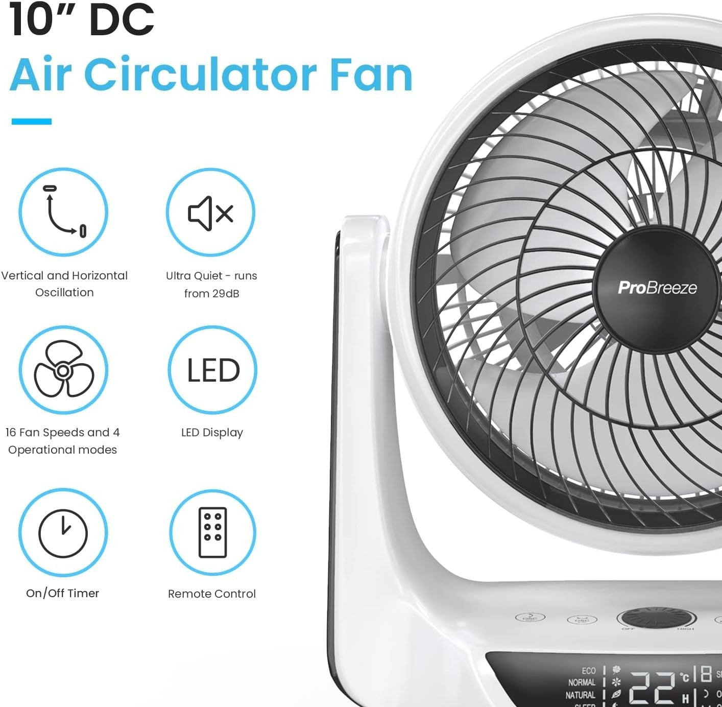 Ultra Quiet DC Air Circulator Fan – 16Speed LED Display Remote Oscillating Timer