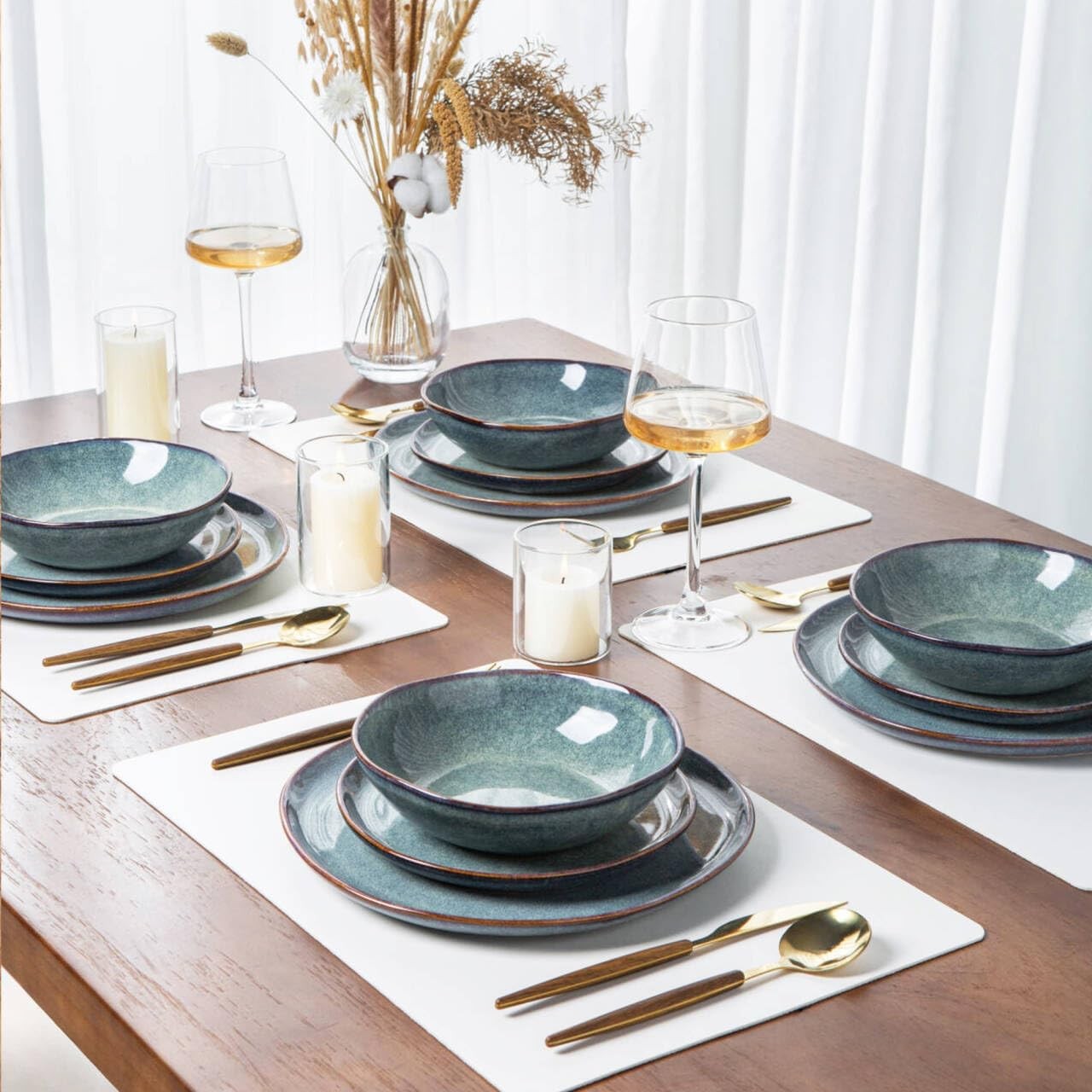 18pc Stoneware Dinnerware Set Reactive Blue Plates Bowls Dishwasher Safe