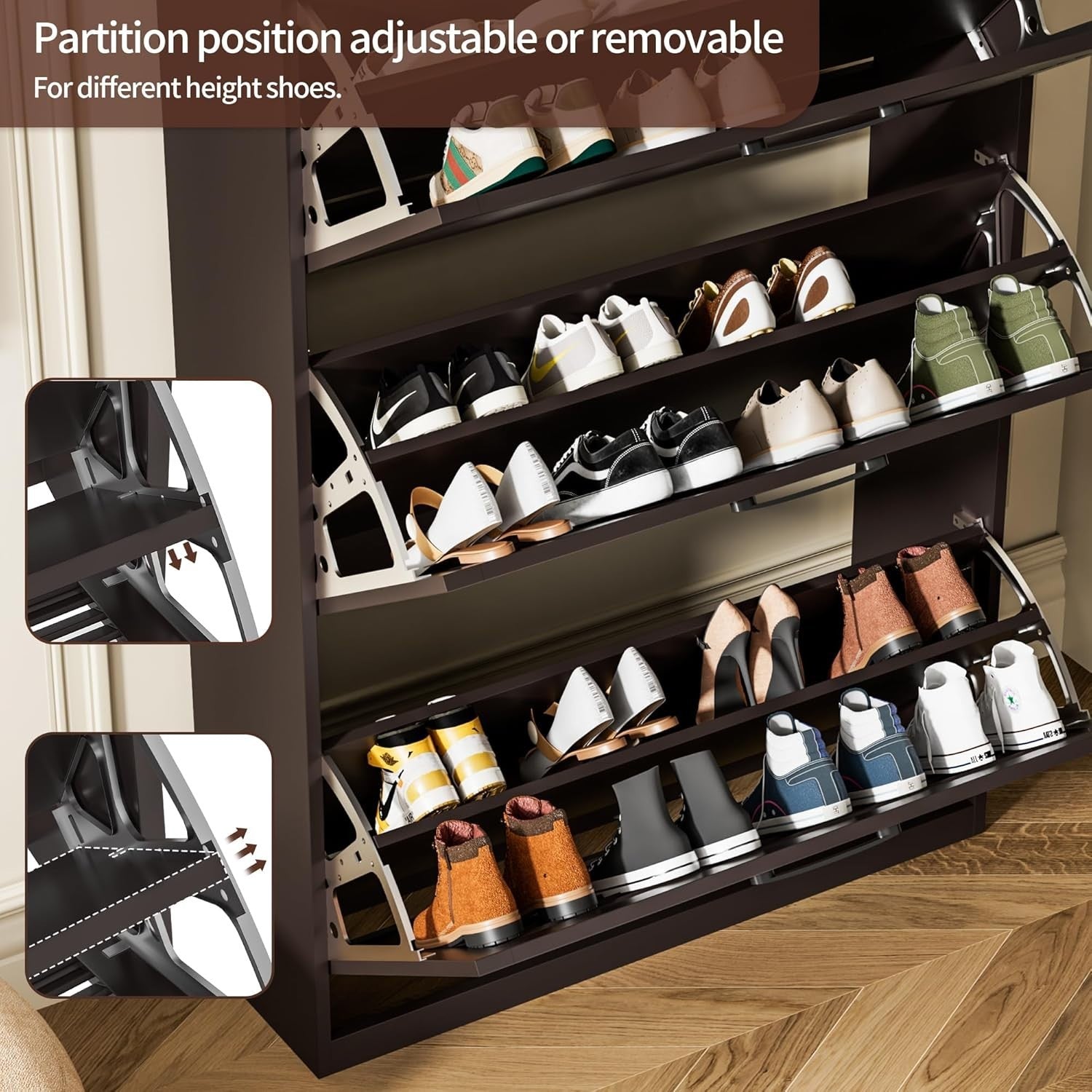 Slim Wooden Shoe Cabinet 3-Door Flip Storage Adjustable Dividers Coffee