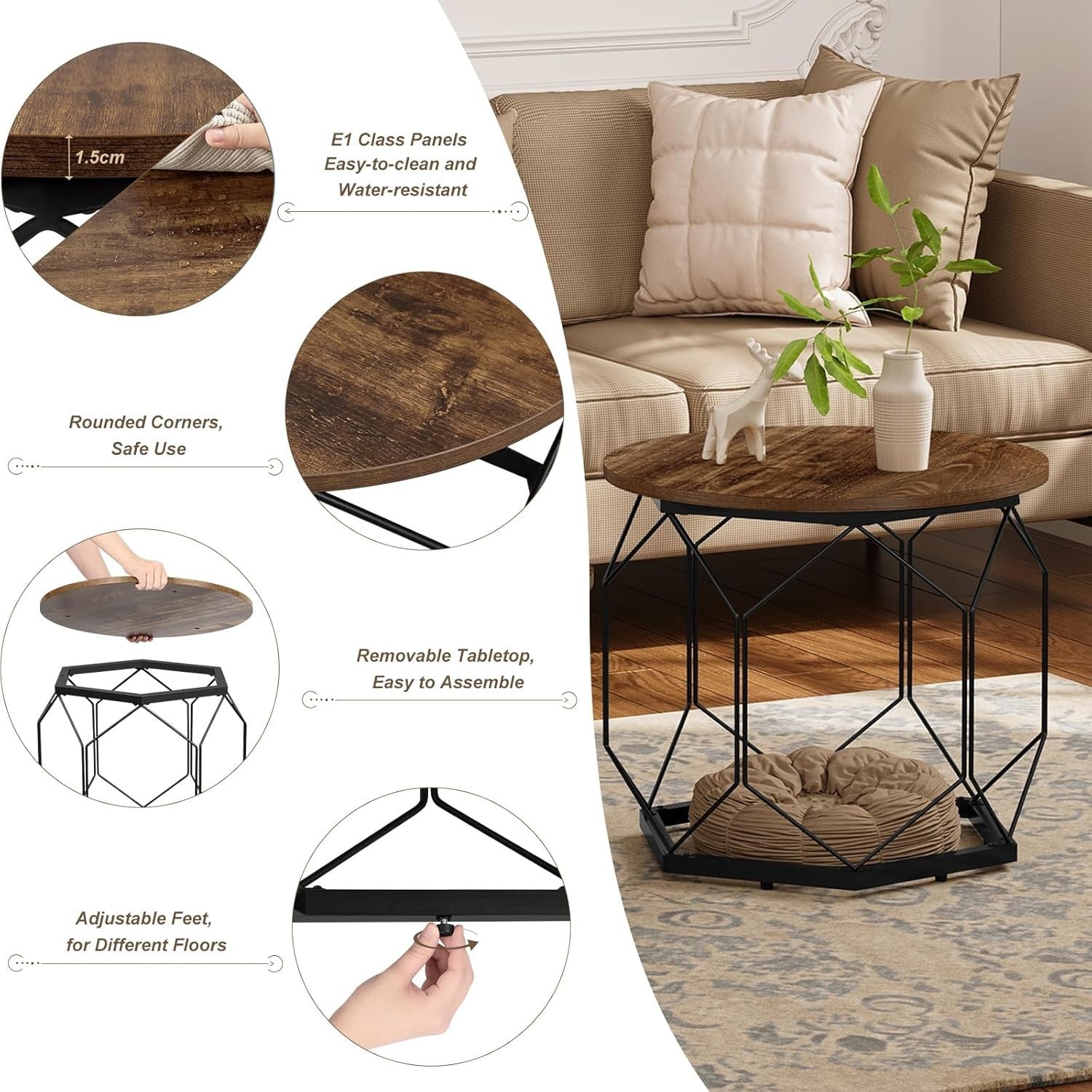 Set of 2 Round Coffee Tables with Storage Shelves, Sturdy Metal Frame