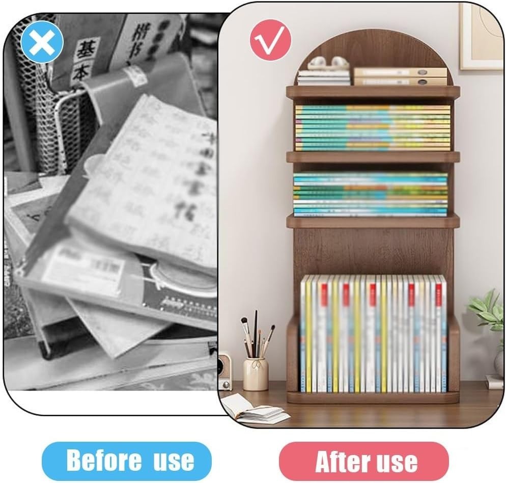 Small Wooden Desktop Bookshelf Hutch Rustic Multi-Tier Desk Organizer 25x20x60cm