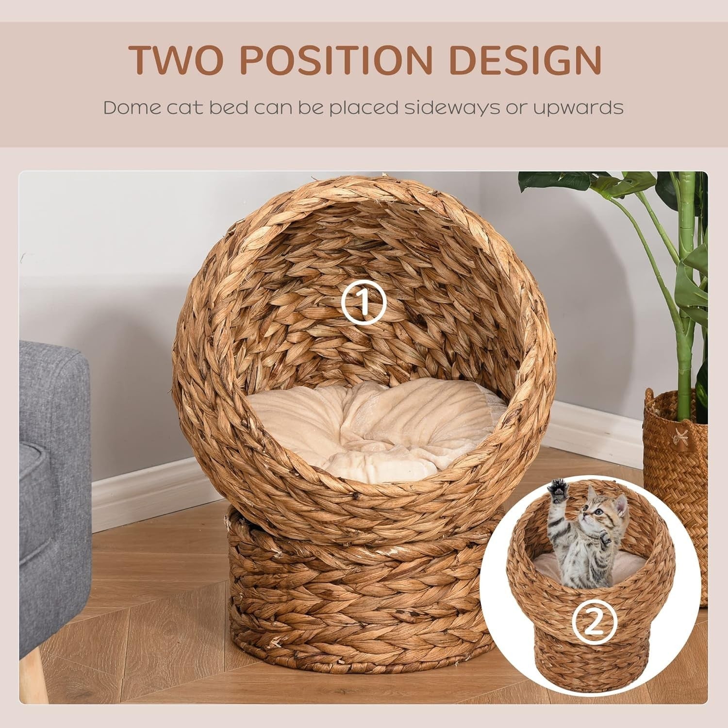 Raised Wicker Cat House Bed Water Hyacinth Basket w Soft Cushion