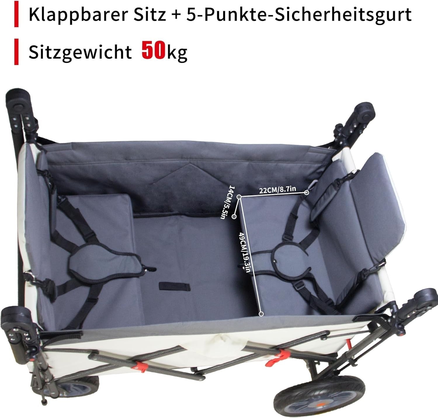 Grey/Beige Folding Wagon w/ Roof Brakes 120kg Heavy Duty Cart PU Tyres & Seats