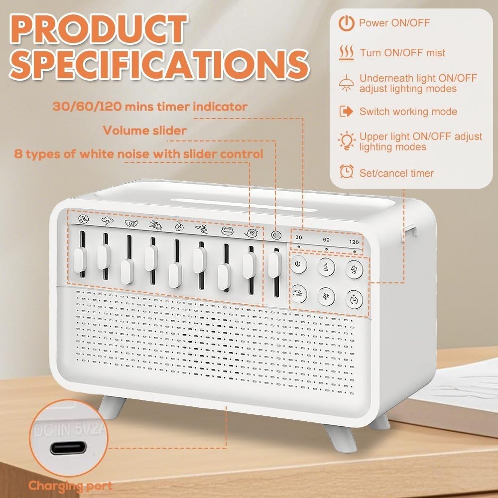 White Noise Machine with Humidifier, 8 Sleep Sounds, Night Light & Bluetooth