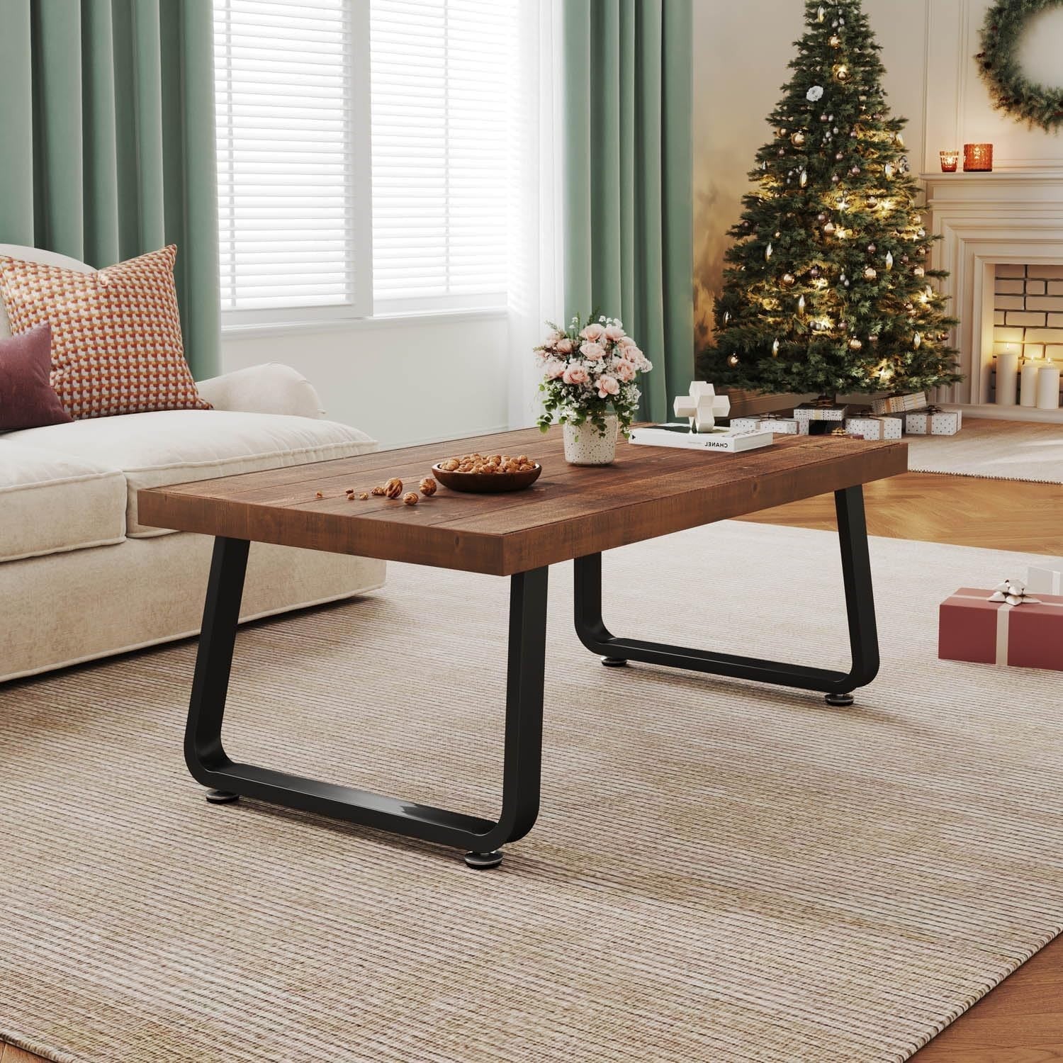 Rustic Wood Coffee Table 100CM – Industrial Metal Frame, Thick Top