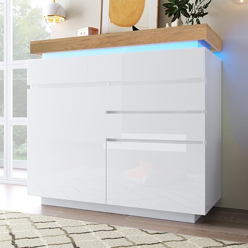 High Gloss Sideboard Cabinet with LED Lights, 2 Door 3 Drawer Storage
