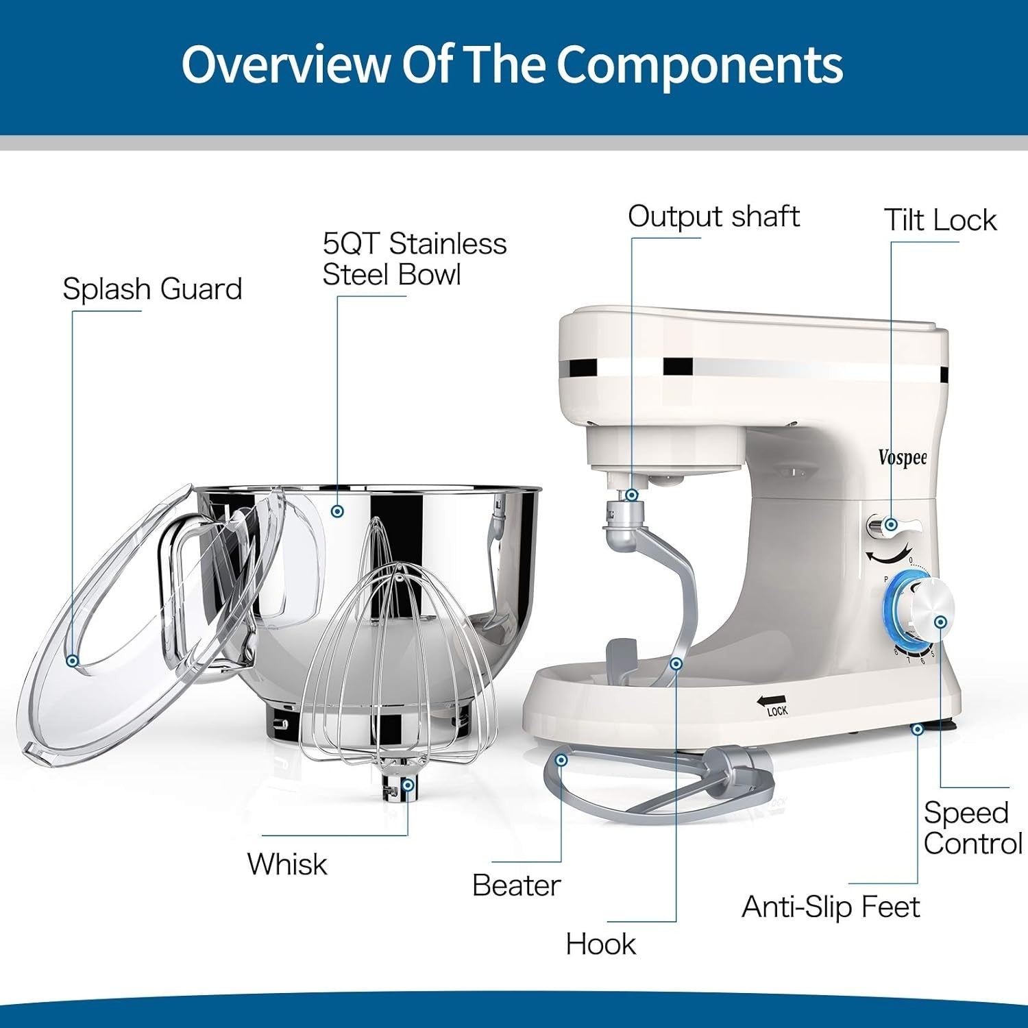 5QT 1000W Stand Mixer 8-Speed Tilt-Head Food Mixer White Stainless Steel
