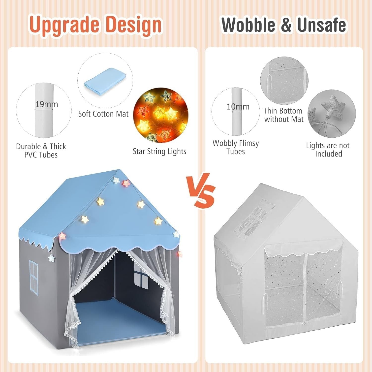 Blue Kids Castle Play Tent Indoor Outdoor w Lights Washable Mat