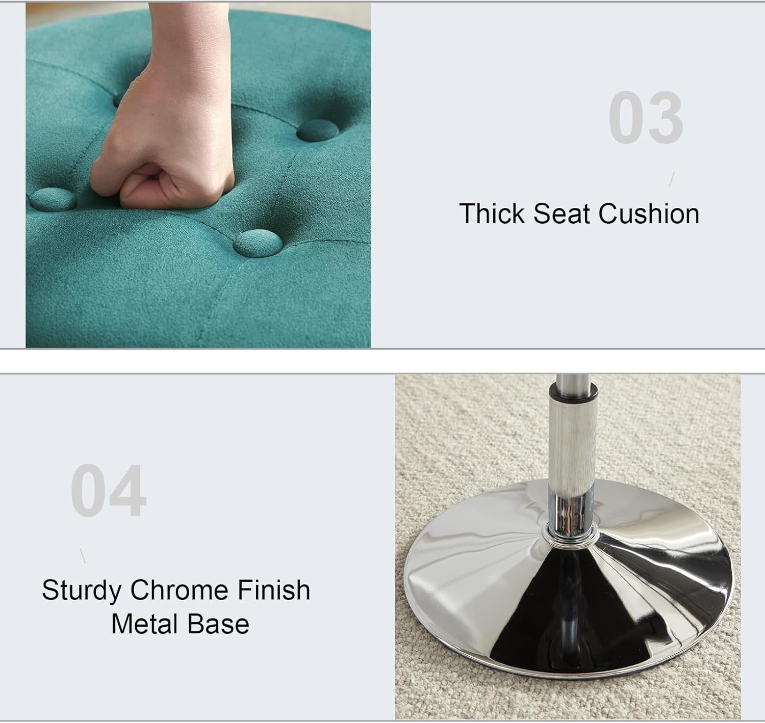 Teal Velvet Swivel Vanity Stool – Adjustable Tufted Round Makeup Chair Chrome