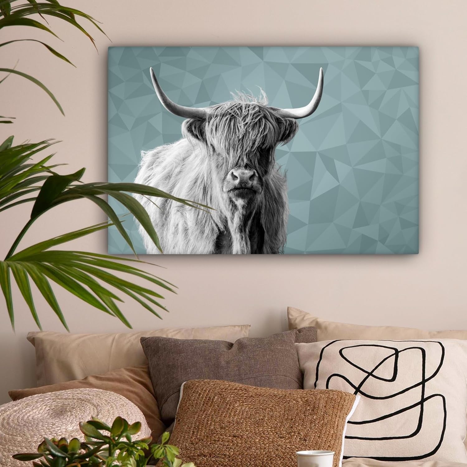 Highland Cow Canvas Wall Art 60x40cm Black White Modern