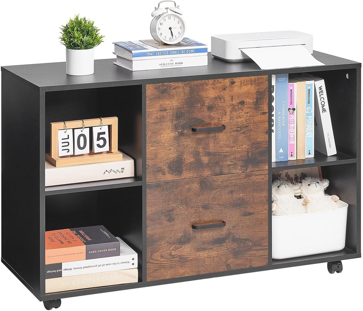 Mobile Wooden Filing Cabinet with Lockable Wheels & Storage Shelves