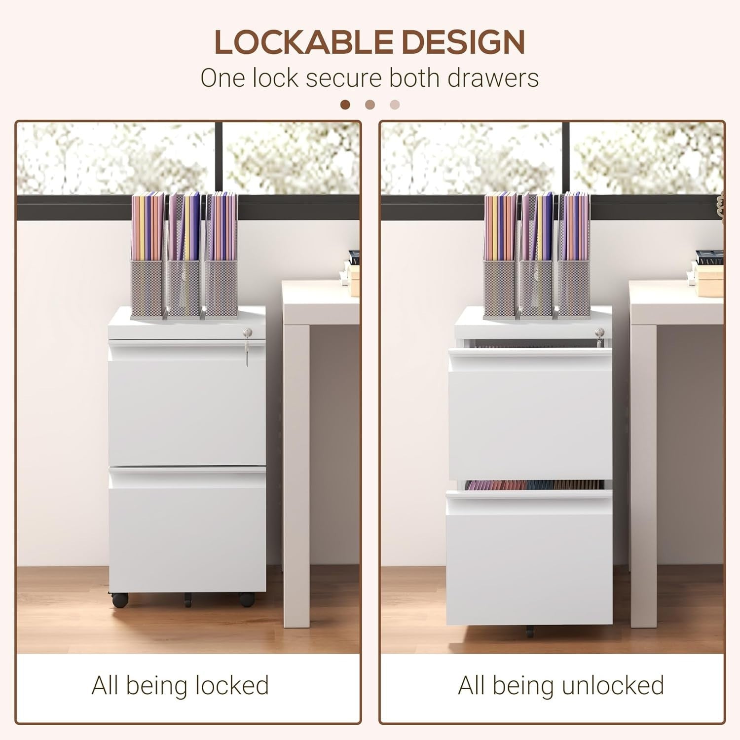 2 Drawer Mobile Filing Cabinet Lockable Steel A4 Letter Office Storage White