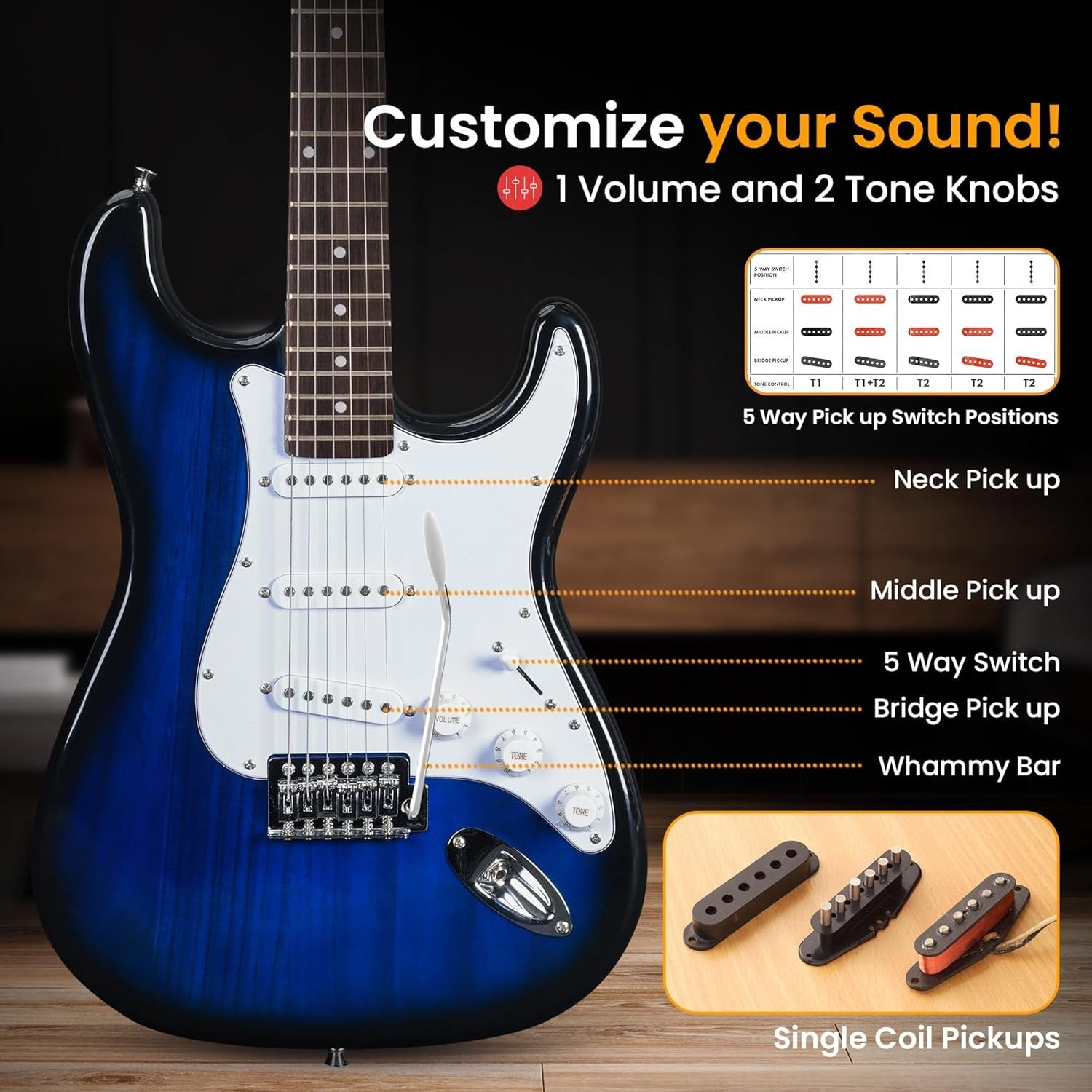 Full Size Electric Guitar Kit 97cm Beginner Set w/ 5W Amp & Bag