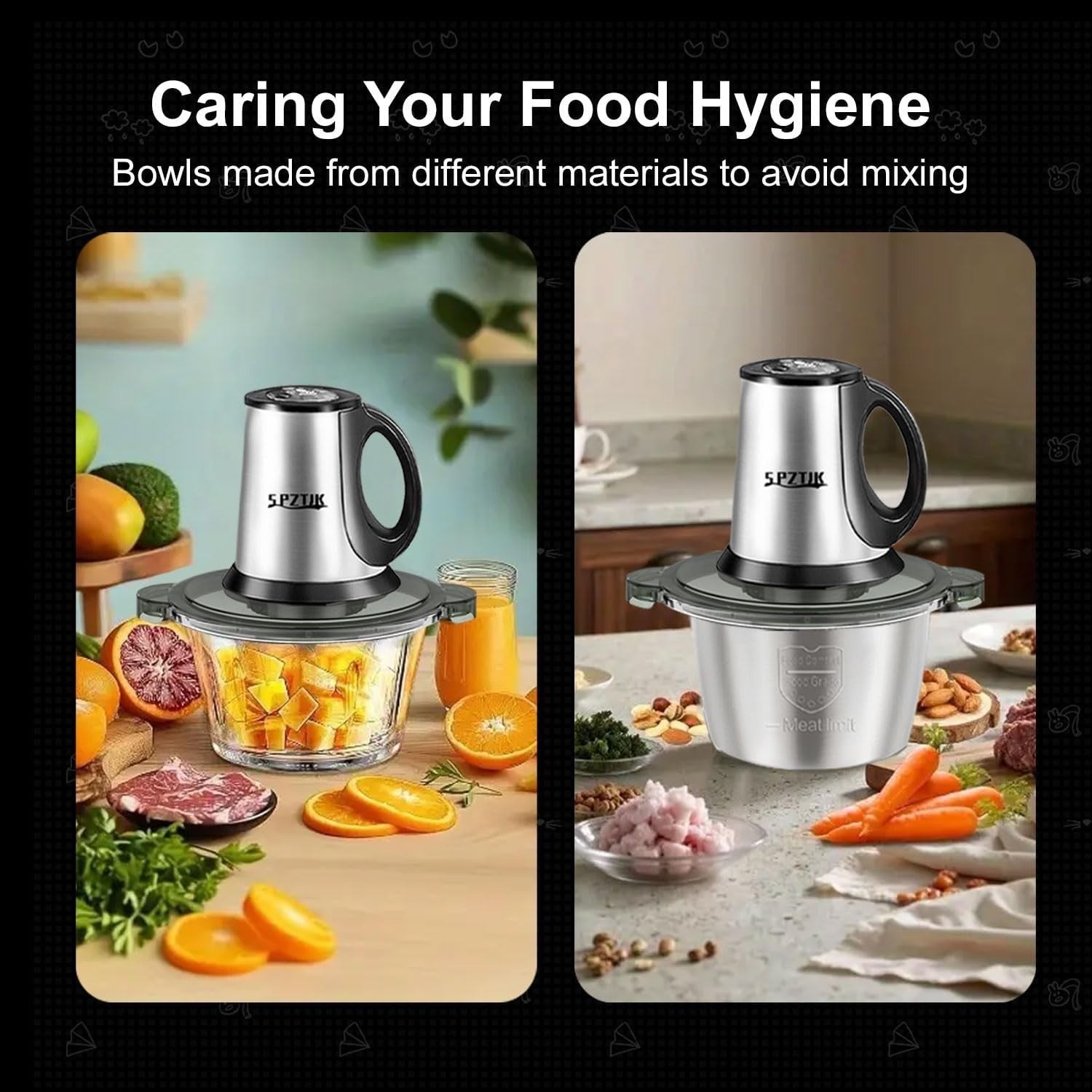 8 Cup Food Processor 300W Meat Grinder Dual Bowl 3 Speed Chopper