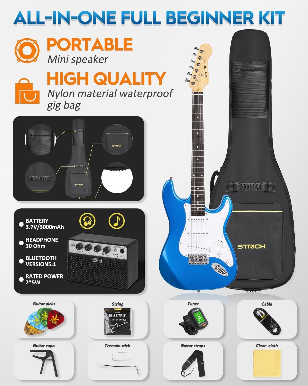 39" Electric Guitar Starter Kit SSS 10W Amp Blue Full Size