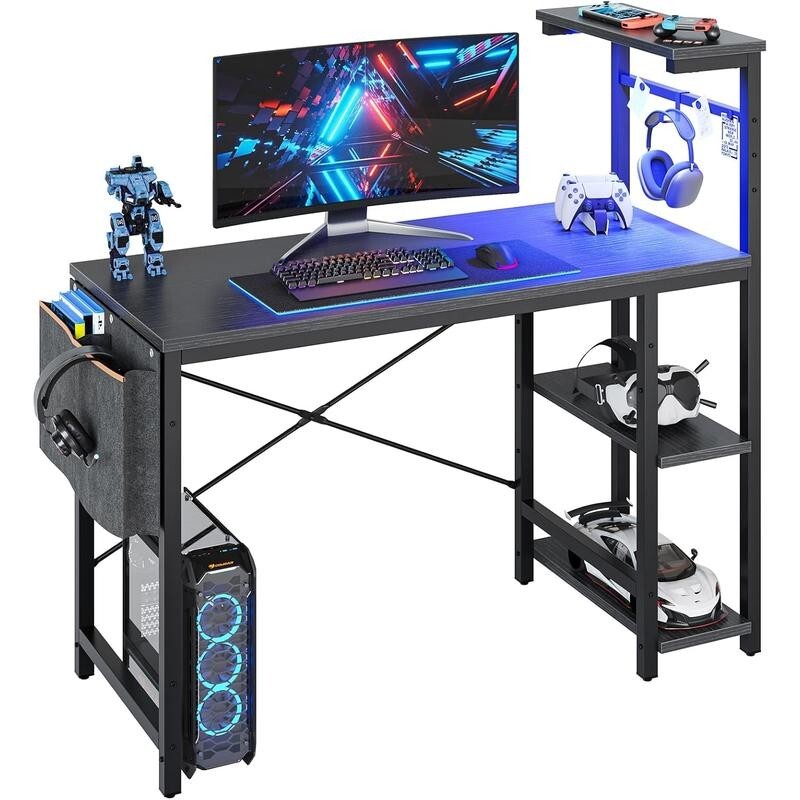 Gaming Desk 113CM LED Lights Shelves Reversible PC Table with Storage Bag