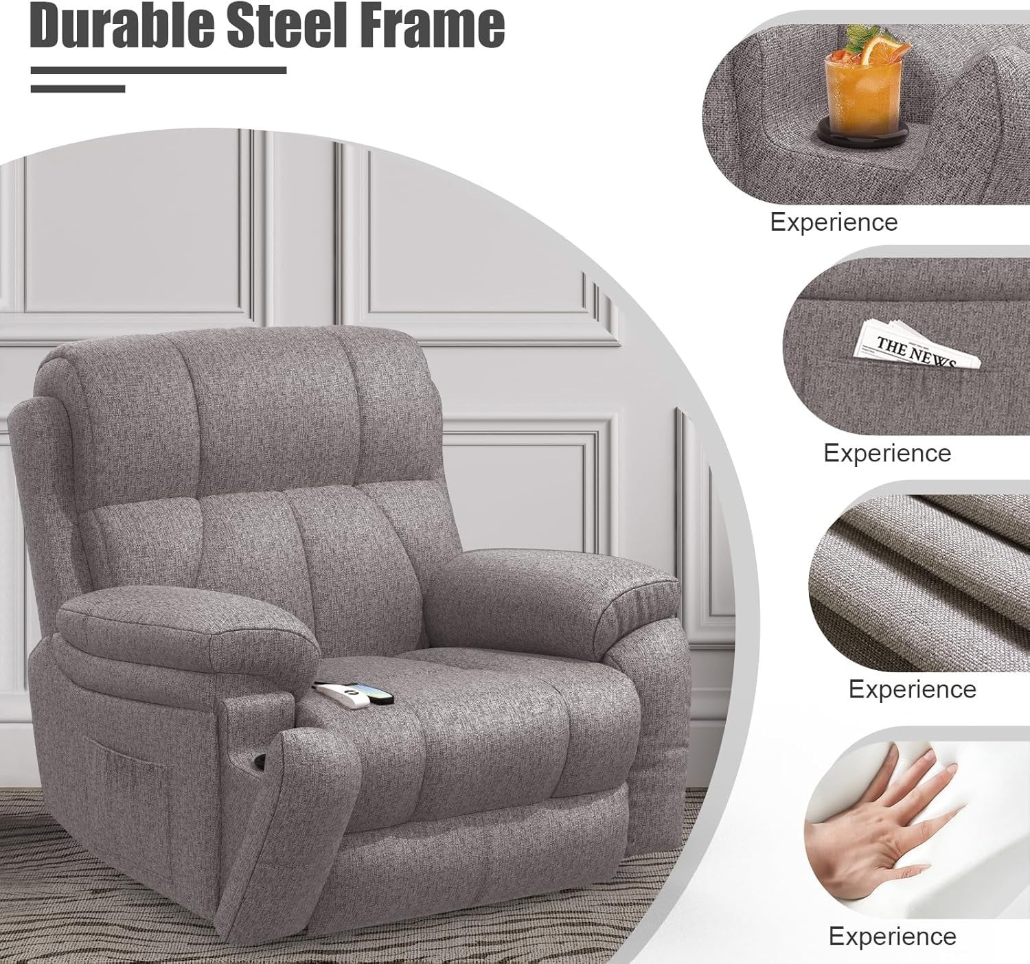 Oversized Lift Recliner Chair w/ Massage Heat USB-C Footrest for Elderly Grey
