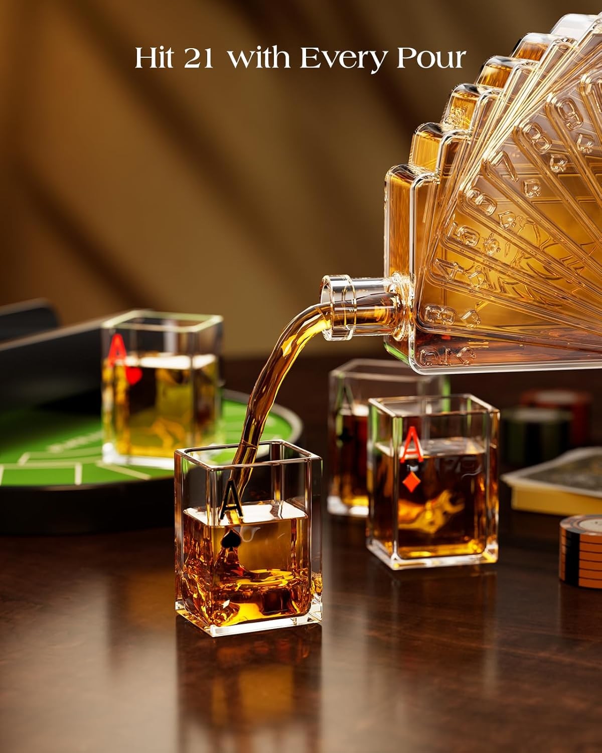 Blackjack Whiskey Decanter Set with 4 Glasses & Rotating Casino Display 1100ml