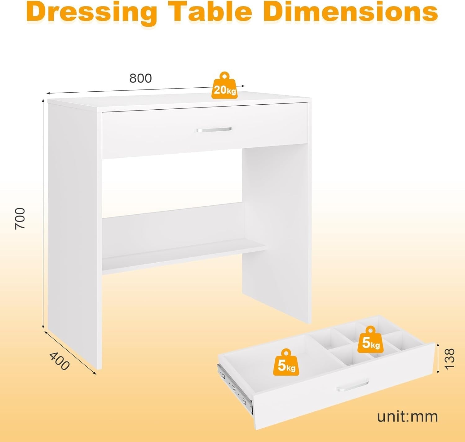 White Dressing Table Makeup Desk Vanity Drawers Storage Large Capacity Mirror