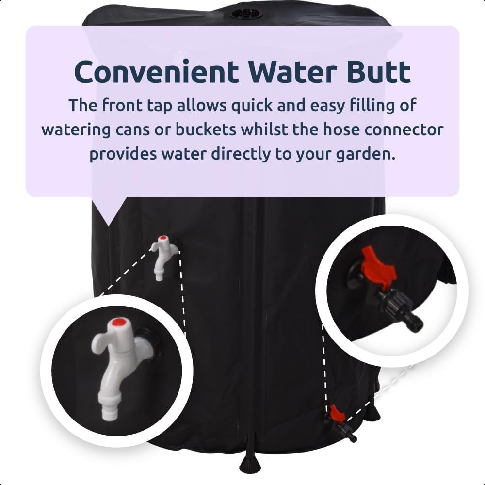 500L Collapsible Garden Water Butt with Tap, Lid & Hose Connector – Black