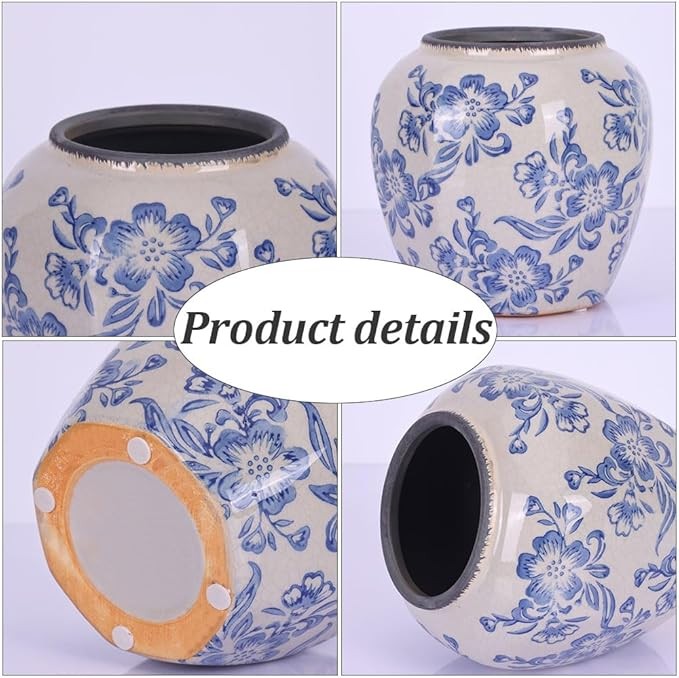 Blue White Floral Ceramic Vase Vintage Chinoiserie Table Centrepiece 23cm