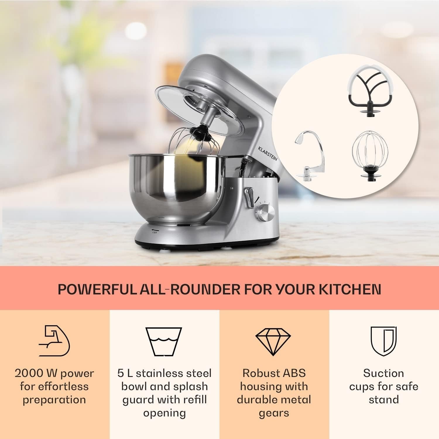 5L Silver Stand Mixer 1800W 6-Speed Planetary Baking & Kneading Machine