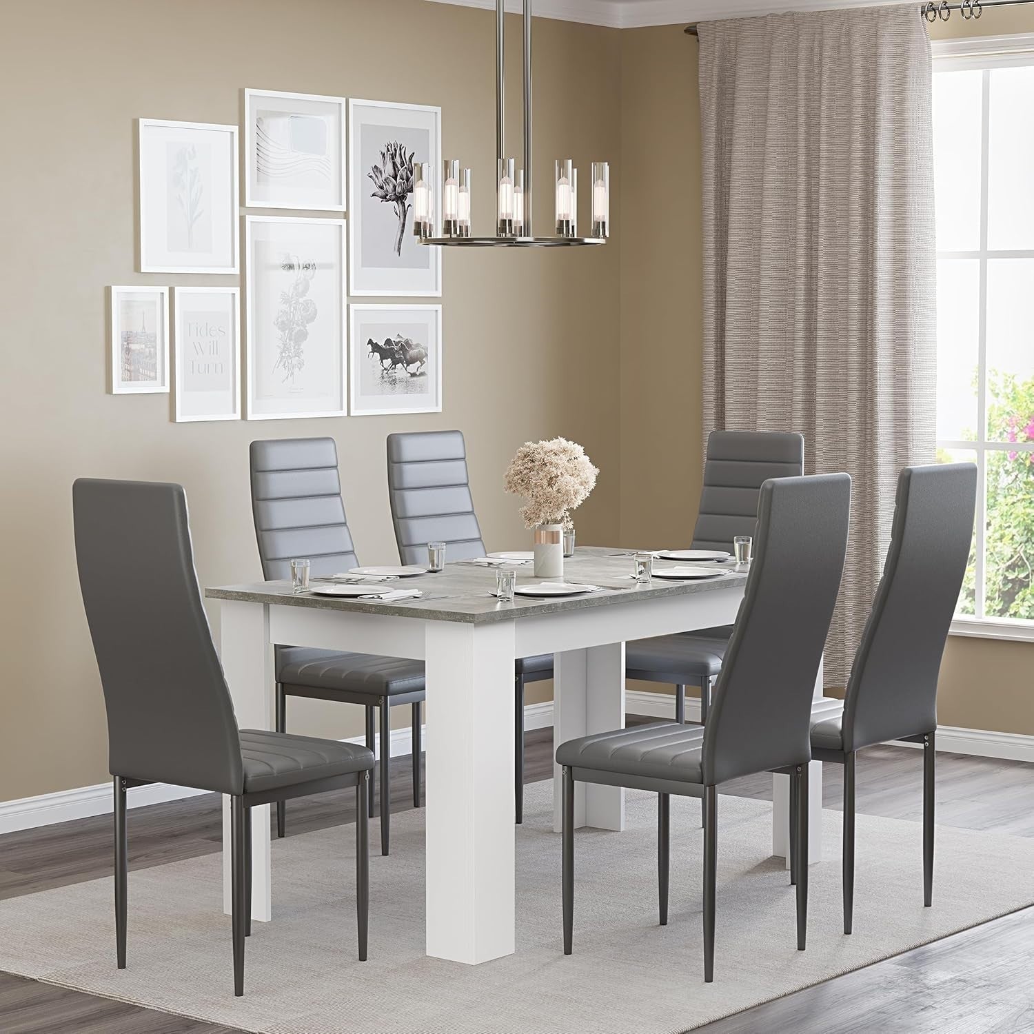 Grey Marble Dining Table Set 6 PU Leather Chairs Modern Kitchen 140cm