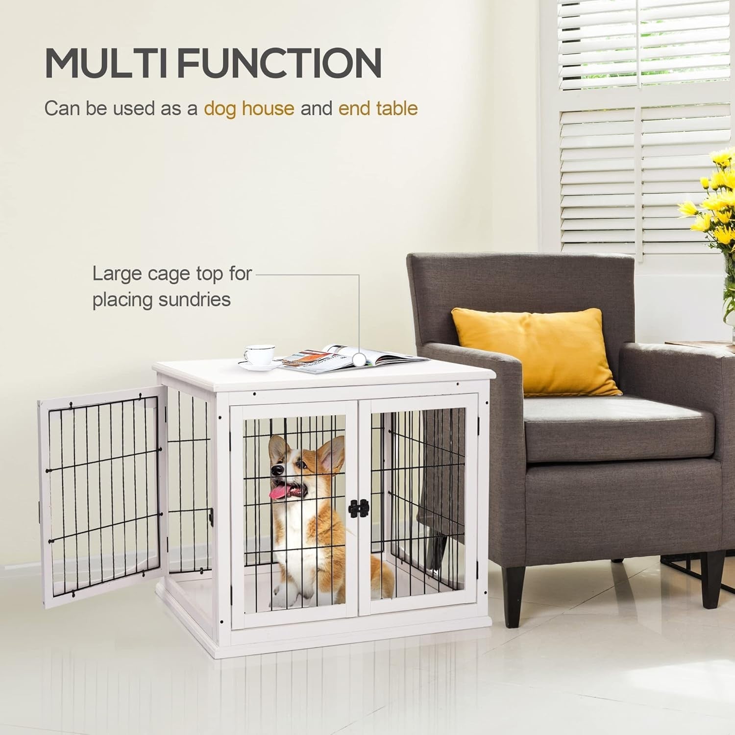 Stylish Indoor Dog Crate Table with 3 Doors, Secure & Spacious 81x58.5x66cm