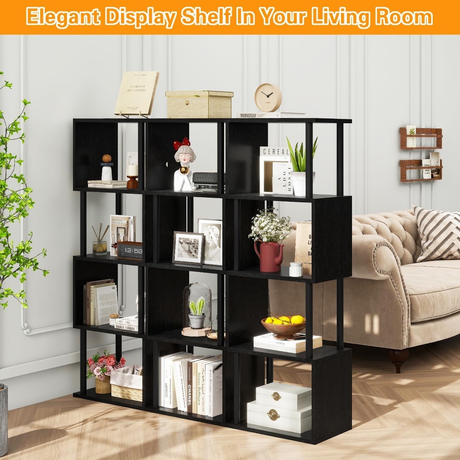 5 Tier S Shaped Bookcase Black Modern Wood Display Storage Shelf 155cm