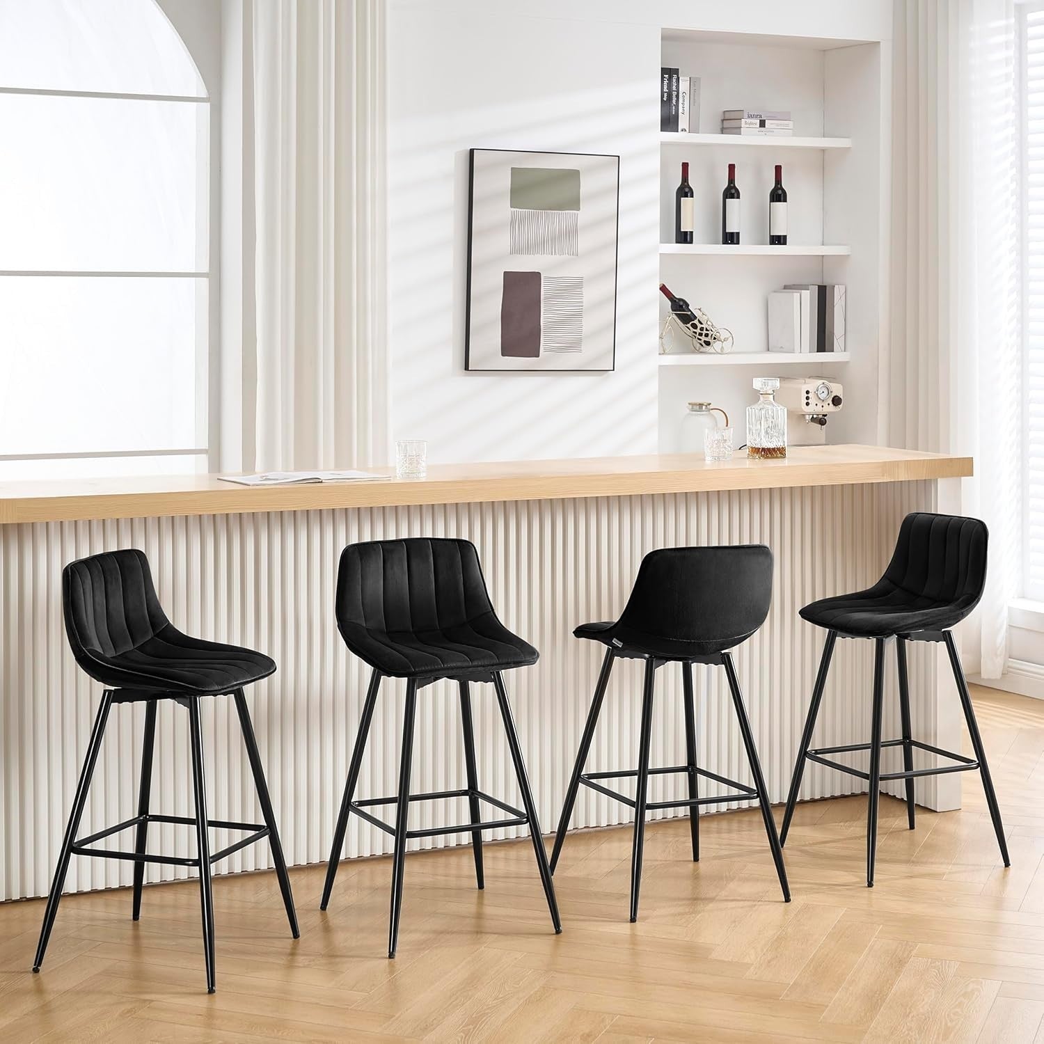 Retro Velvet Bar Stools Set of 2 Black Metal Kitchen Counter Chairs