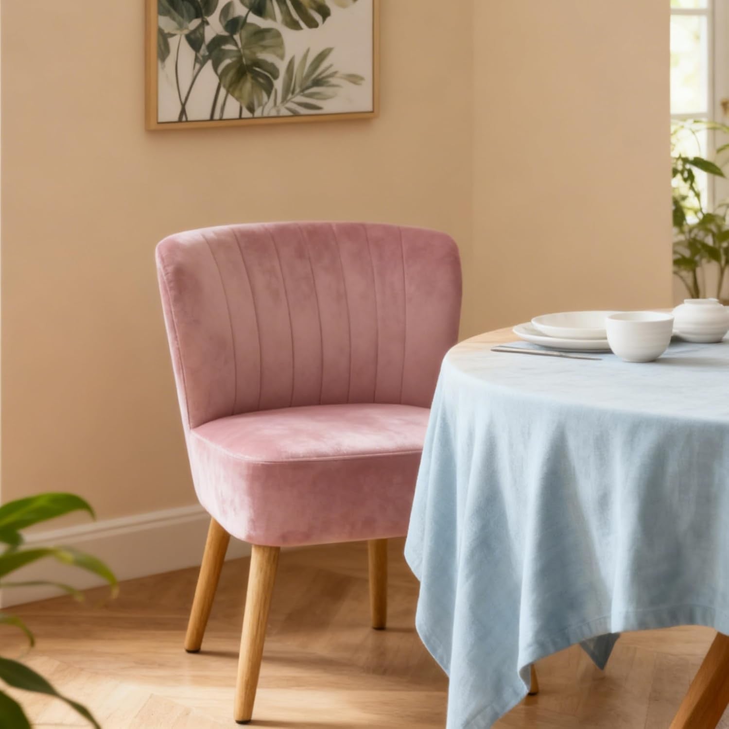 Pink Velvet Accent Chair Ergonomic Curved Back Lounge Seat