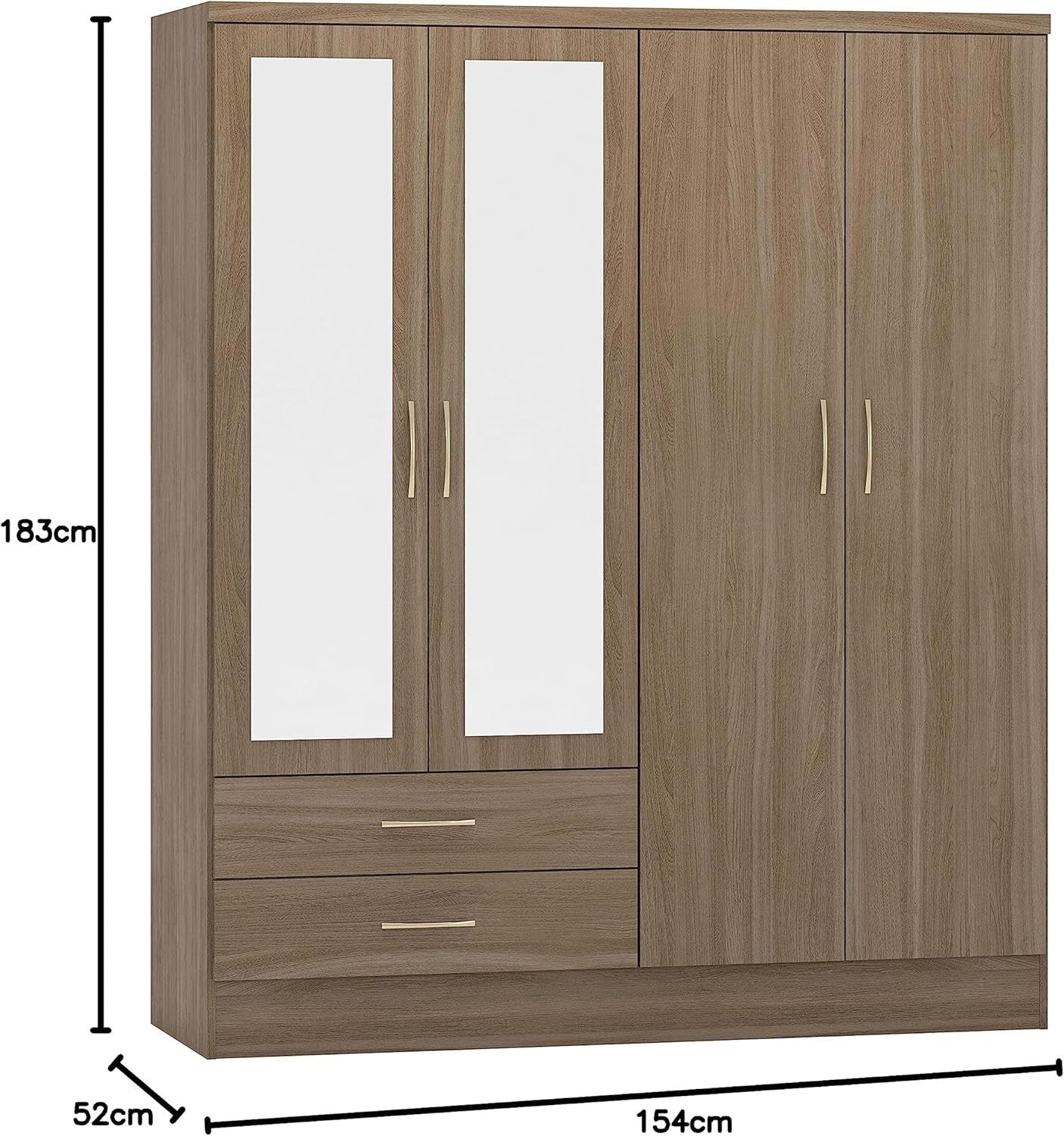Rustic 4 Door 2 Drawer Oak Wardrobe with Mirror & Spacious Storage
