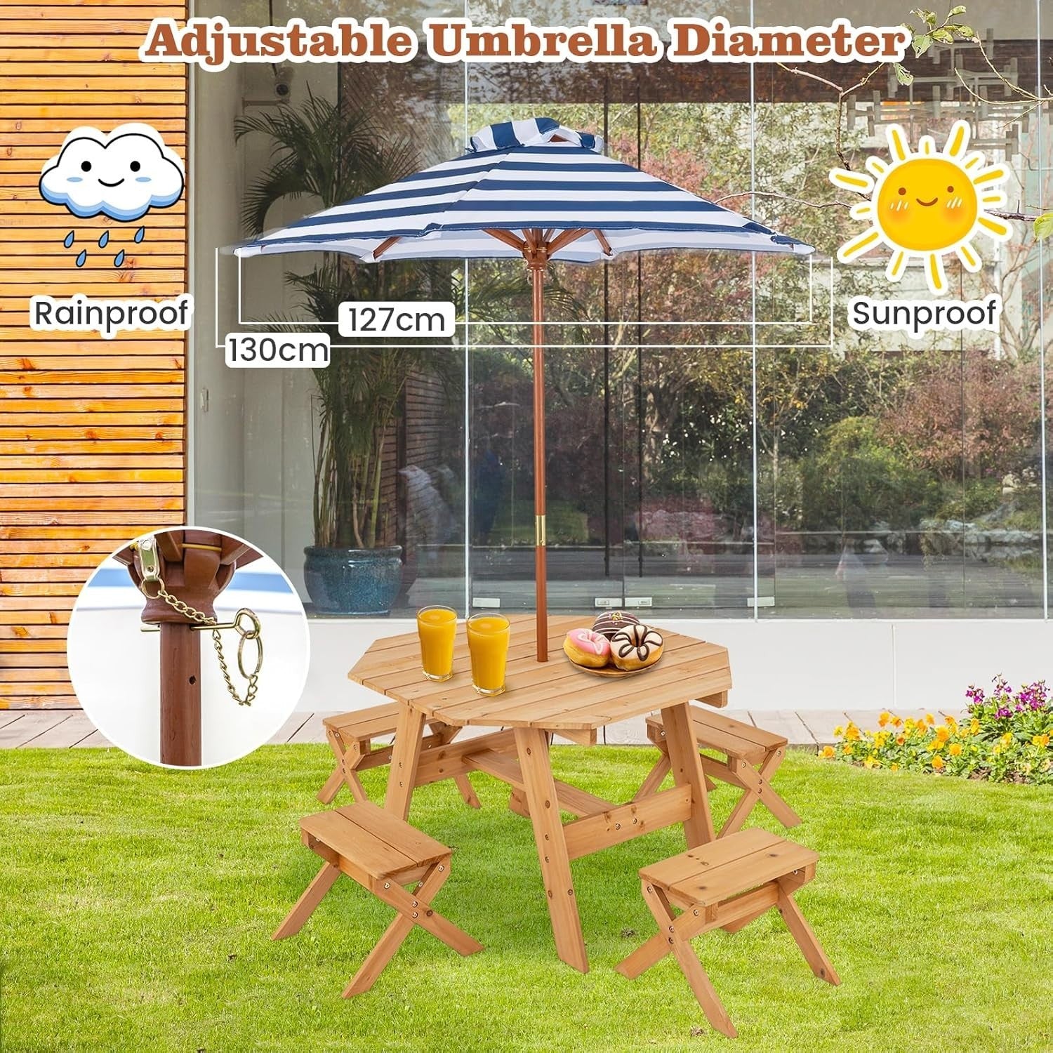 Kids Outdoor Wooden Picnic Table Set w/ Benches & Parasol | 4 Seater