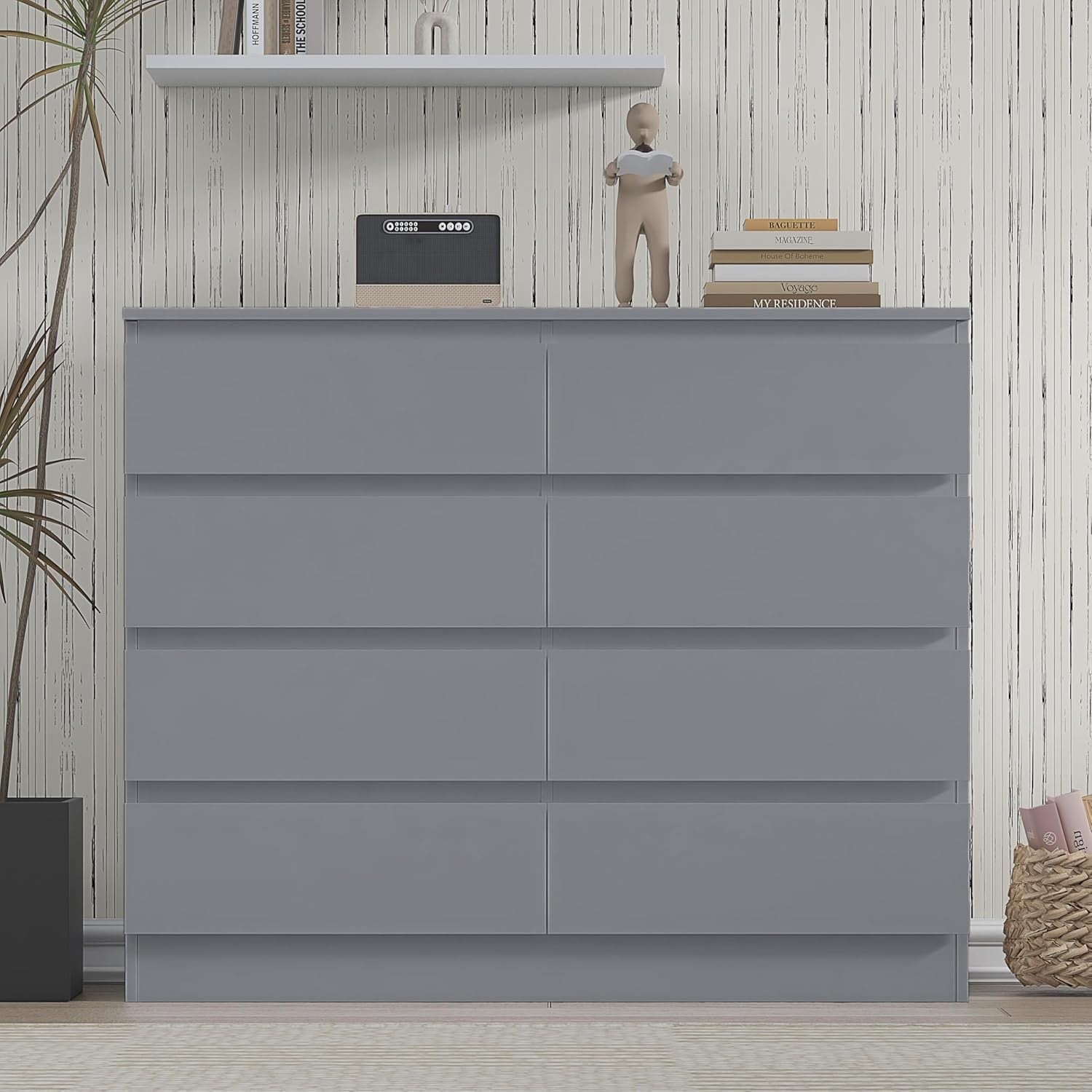 8 Drawer Chest of Drawers Grey Wide Storage Unit for Bedroom Clothes