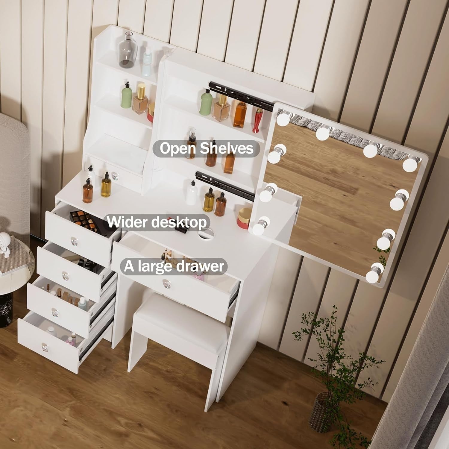 Vanity Makeup Dressing Table Desk 3-Color LED Mirror 6 Drawers Storage Stool Whi