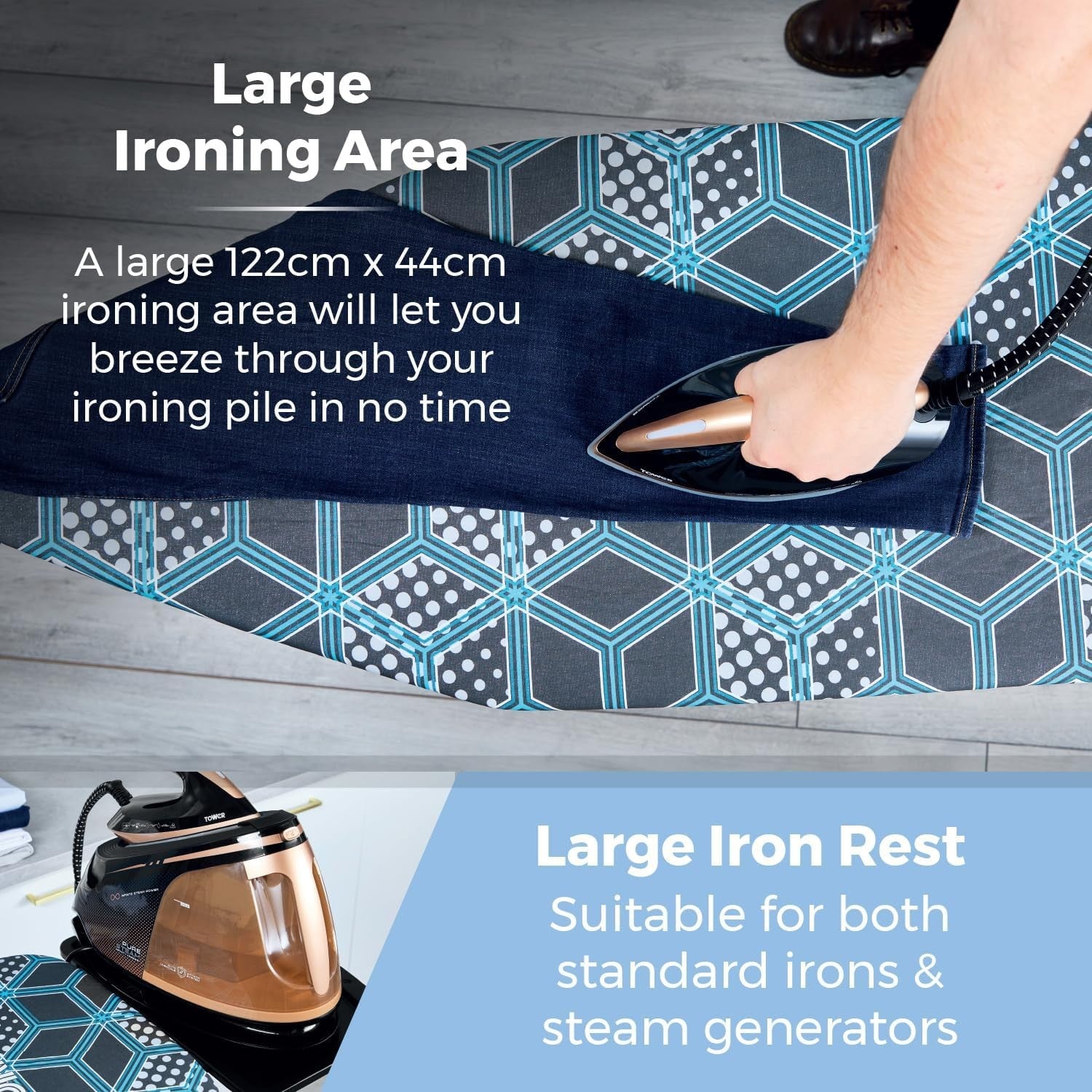 Oversize Ironing Board Adjustable Height Large Surface Non Slip Feet